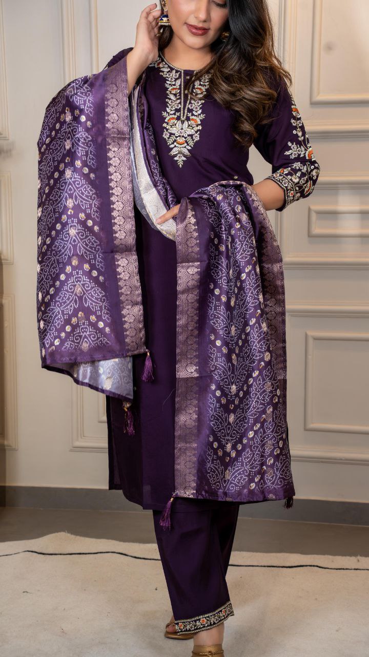 Purple Color Roman Silk Kurta Set with Dupatta