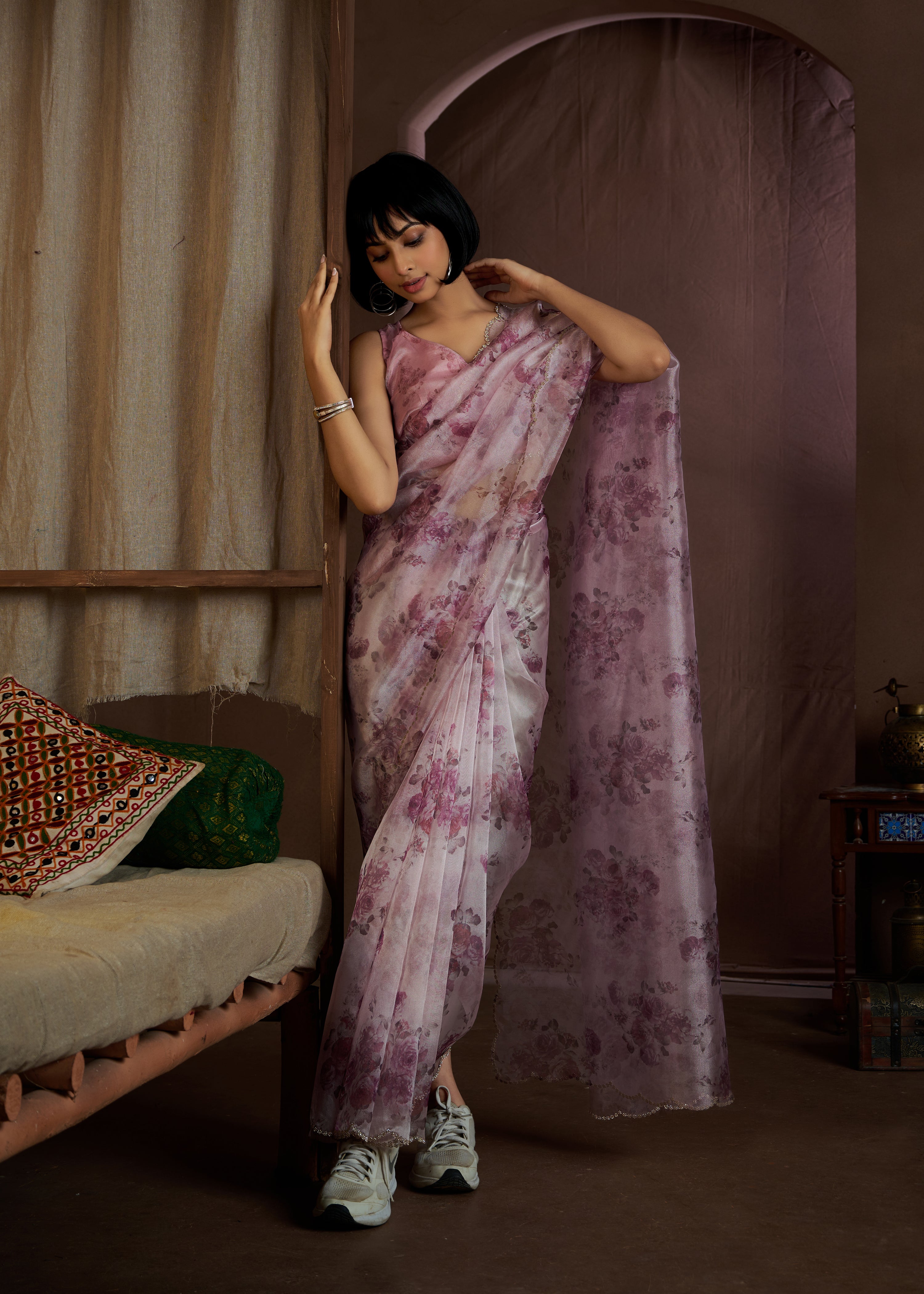 Purple Organza With Digital Print Saree