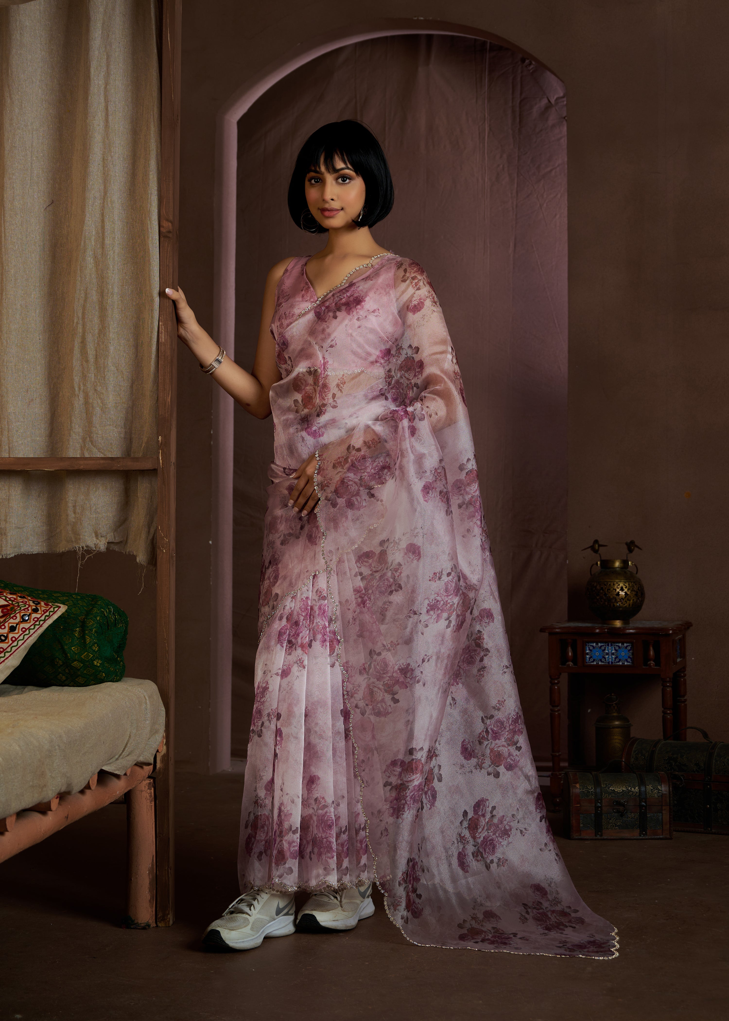 Purple Organza With Digital Print Saree