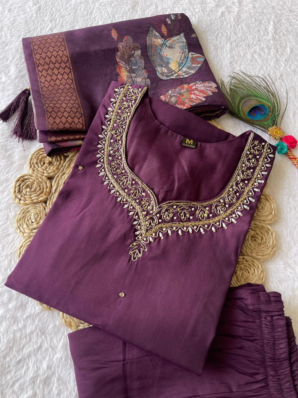 Purple Rakhi Special Kurta Pant Dupatta Set