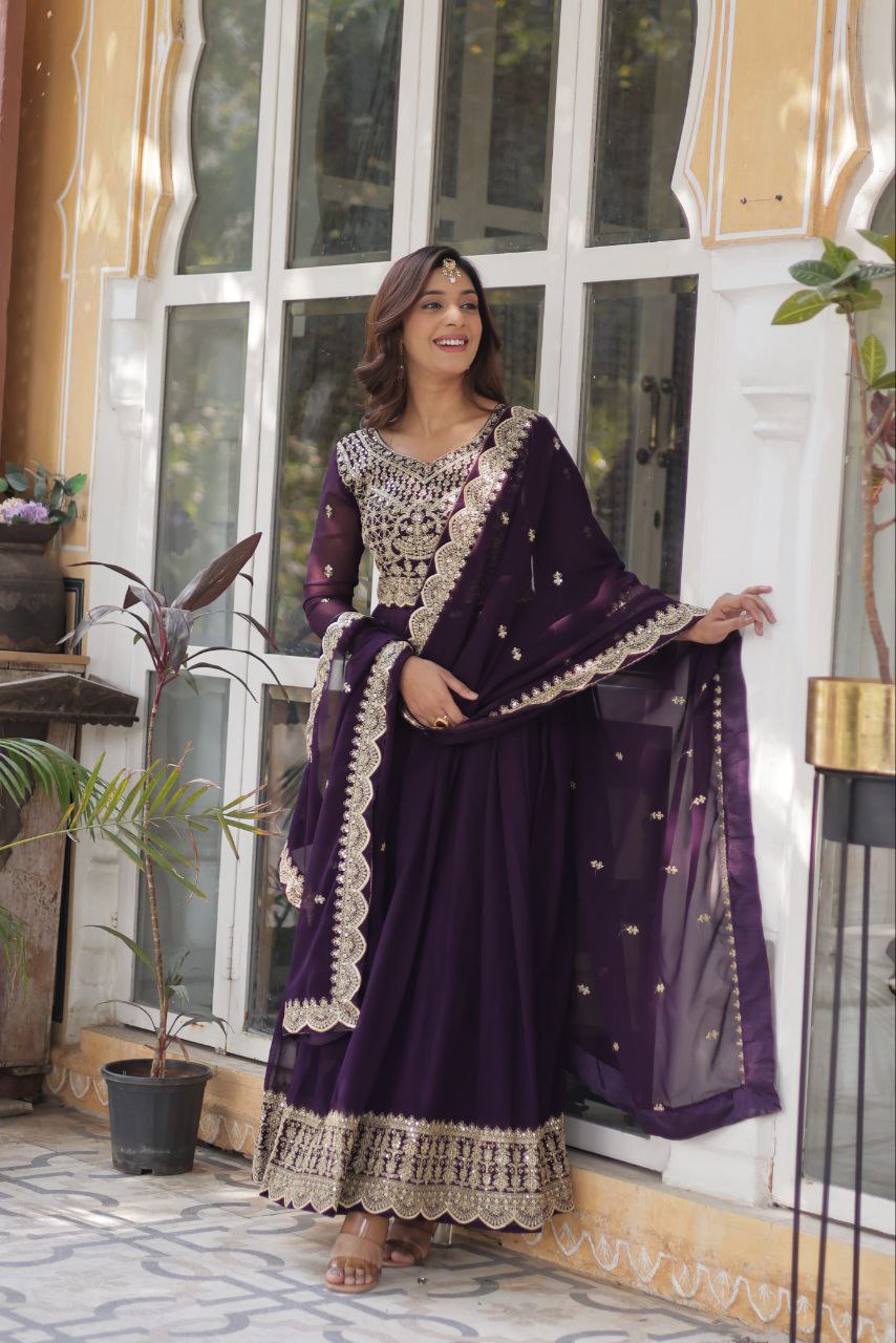 Purple Readymade Blooming with Embroidery Zari Gown