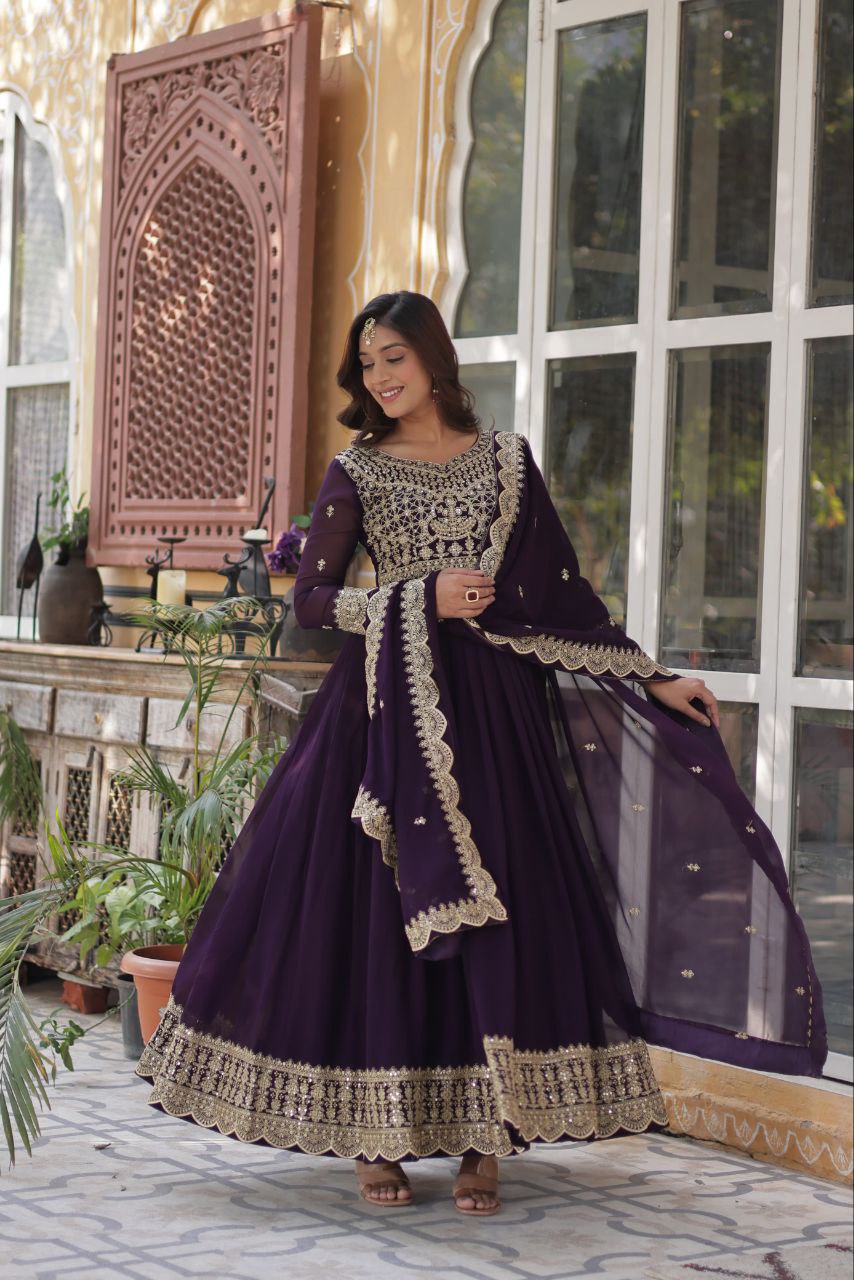 Purple Readymade Blooming with Embroidery Zari Gown