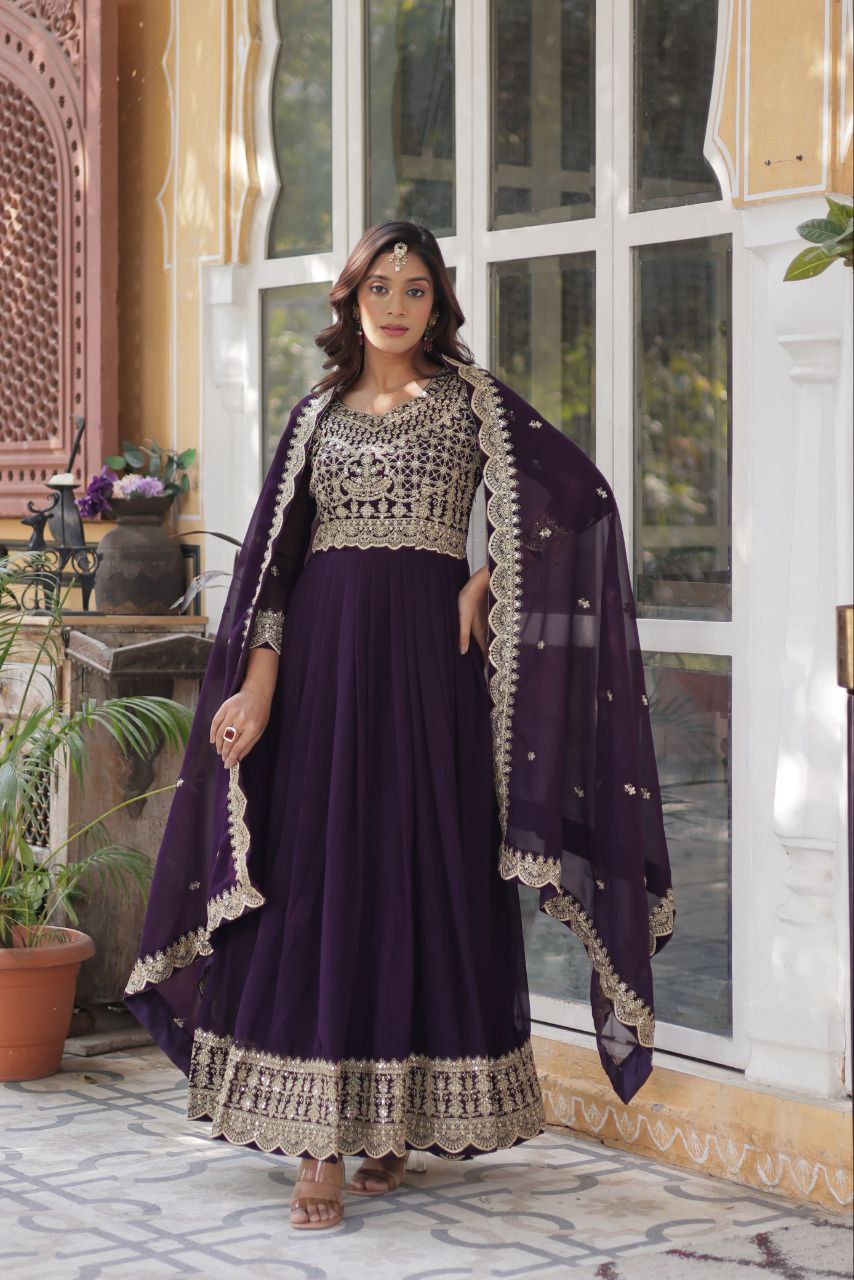 Purple Readymade Blooming with Embroidery Zari Gown