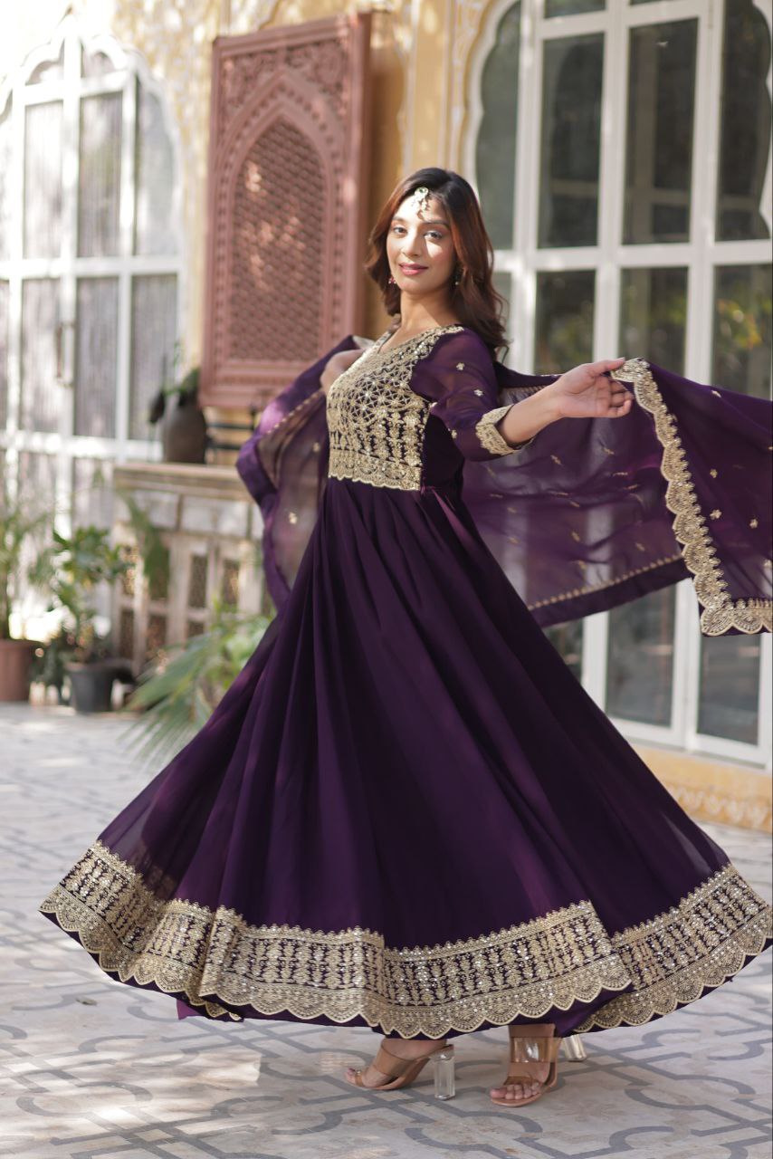 Purple Readymade Blooming with Embroidery Zari Gown