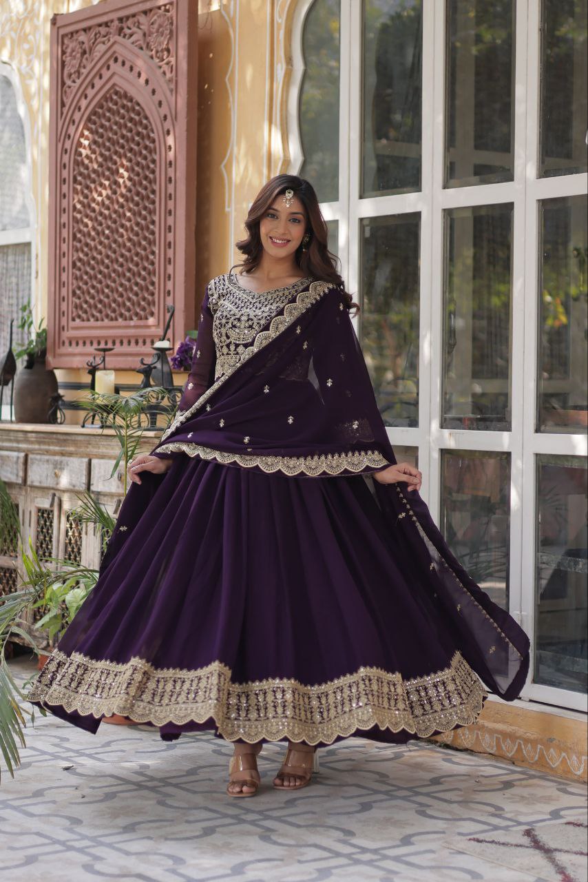 Purple Readymade Blooming with Embroidery Zari Gown