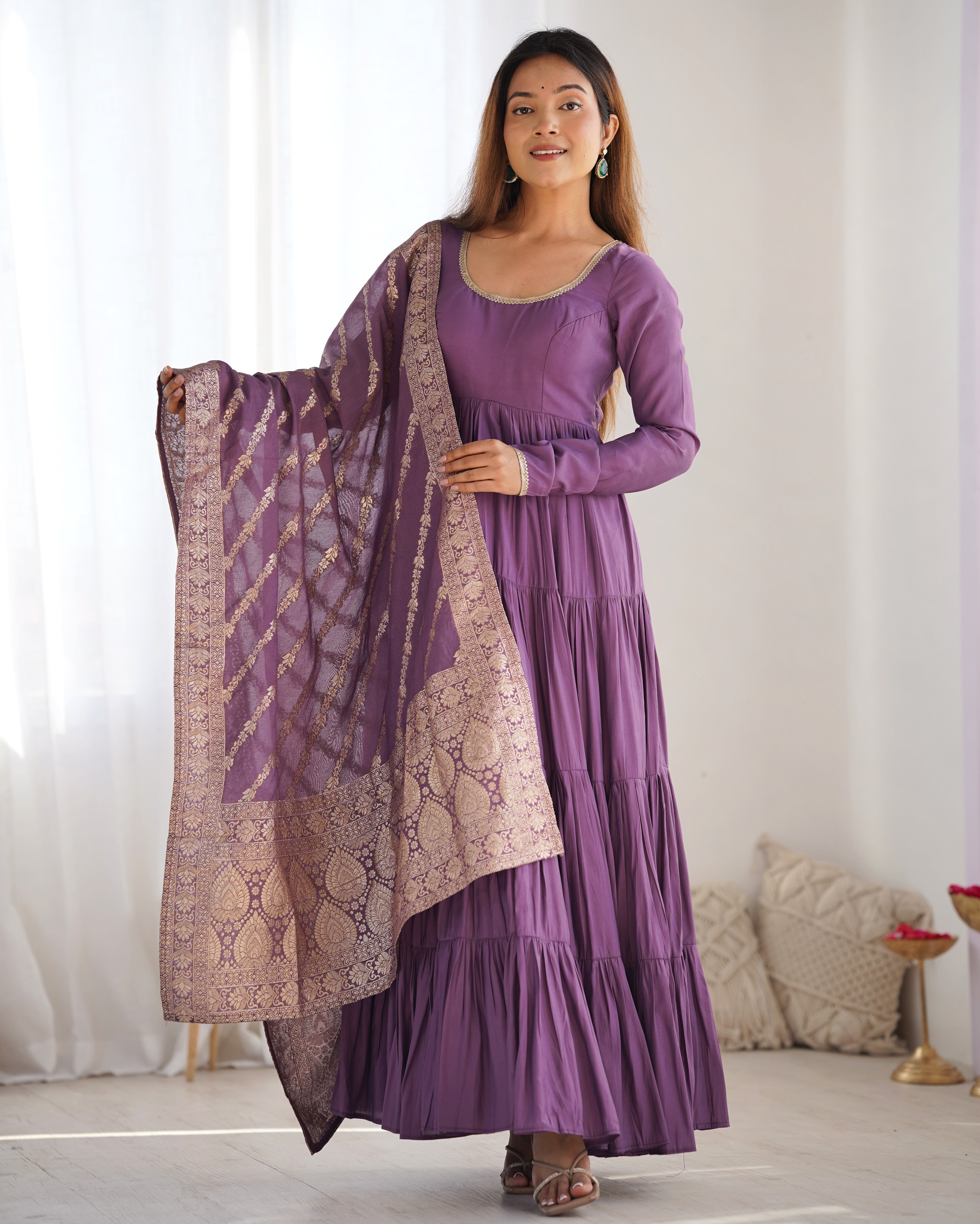 Purple Roman Silk Chanderi Anarkali Gown