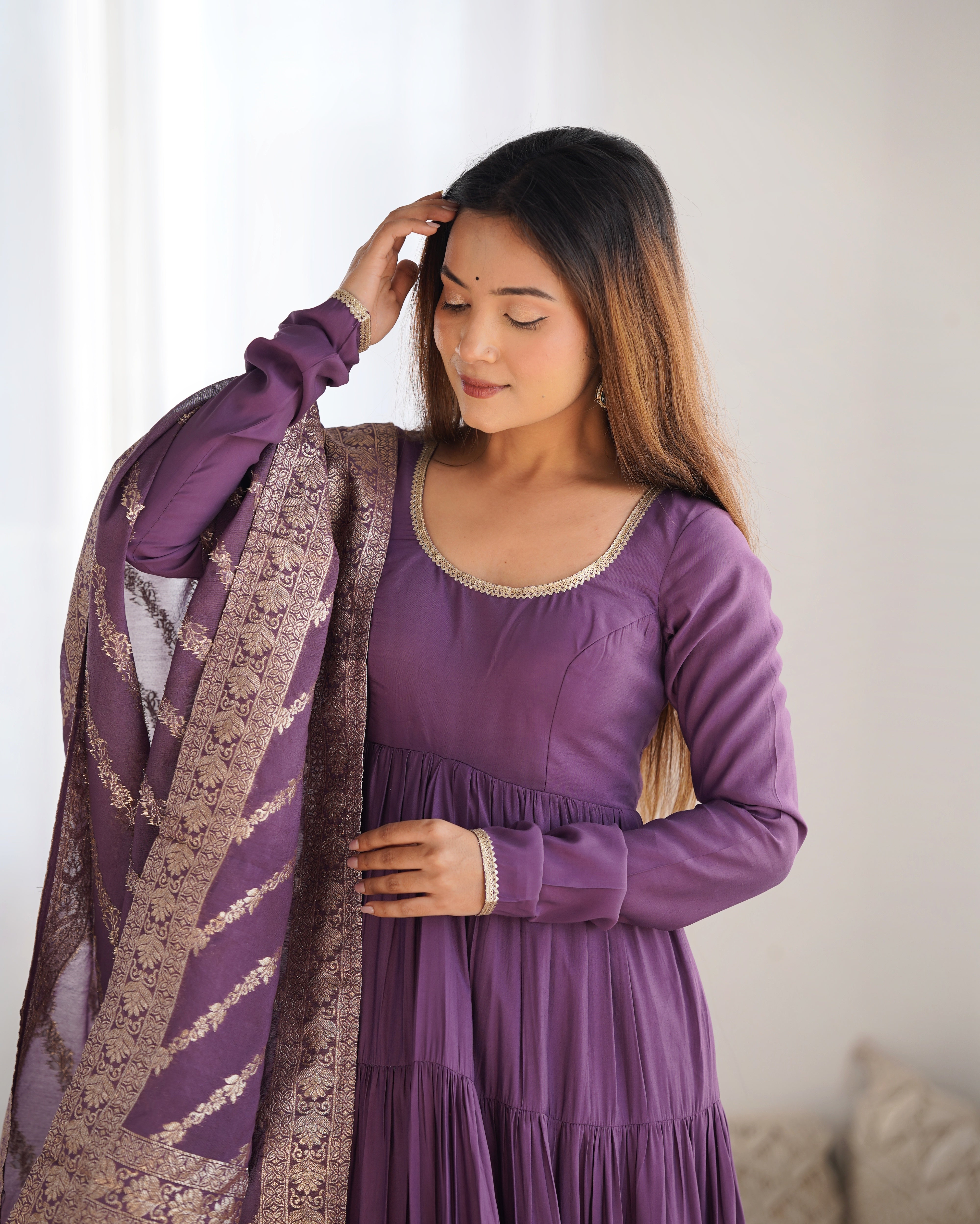 Purple Roman Silk Chanderi Anarkali Gown