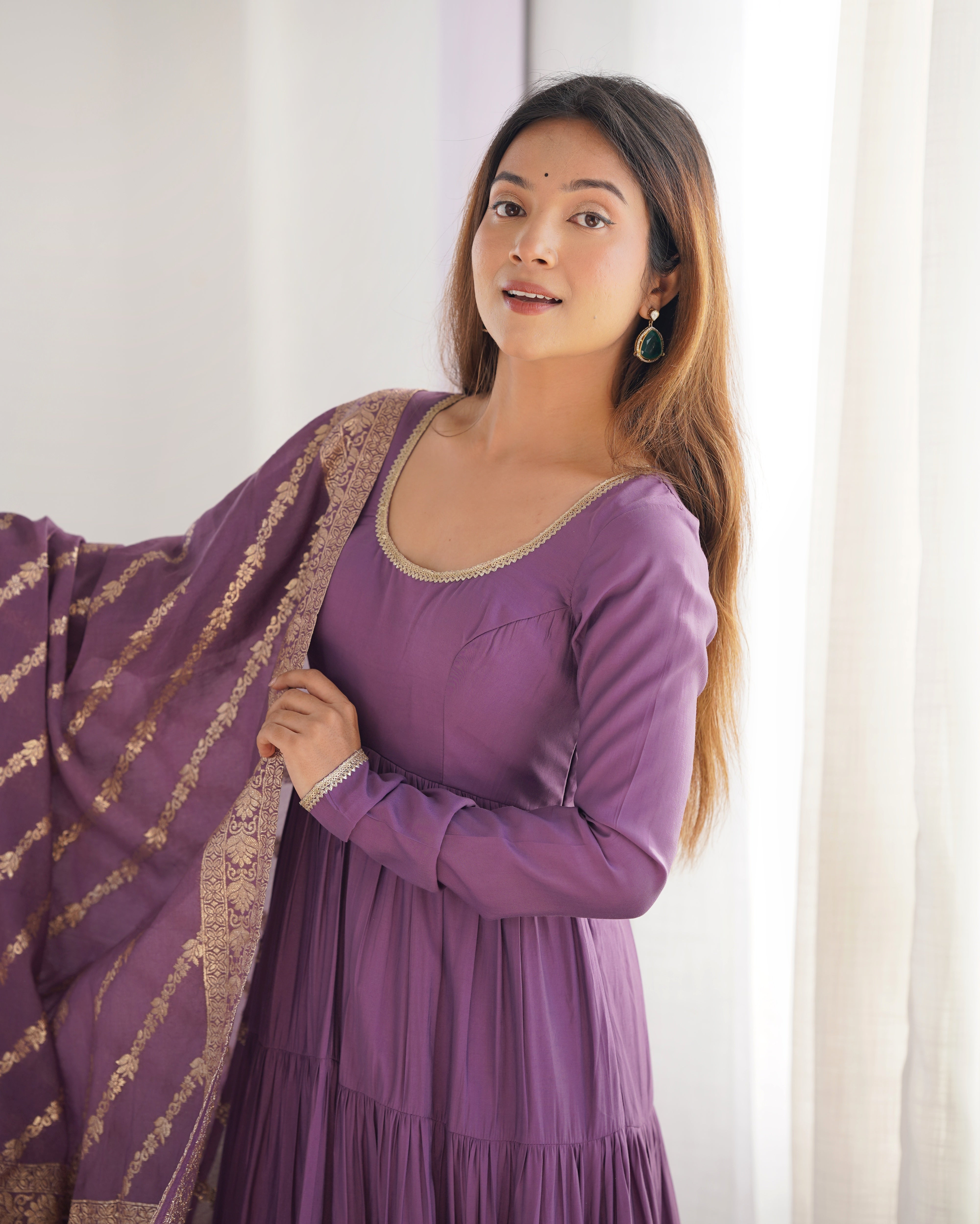 Purple Roman Silk Chanderi Anarkali Gown