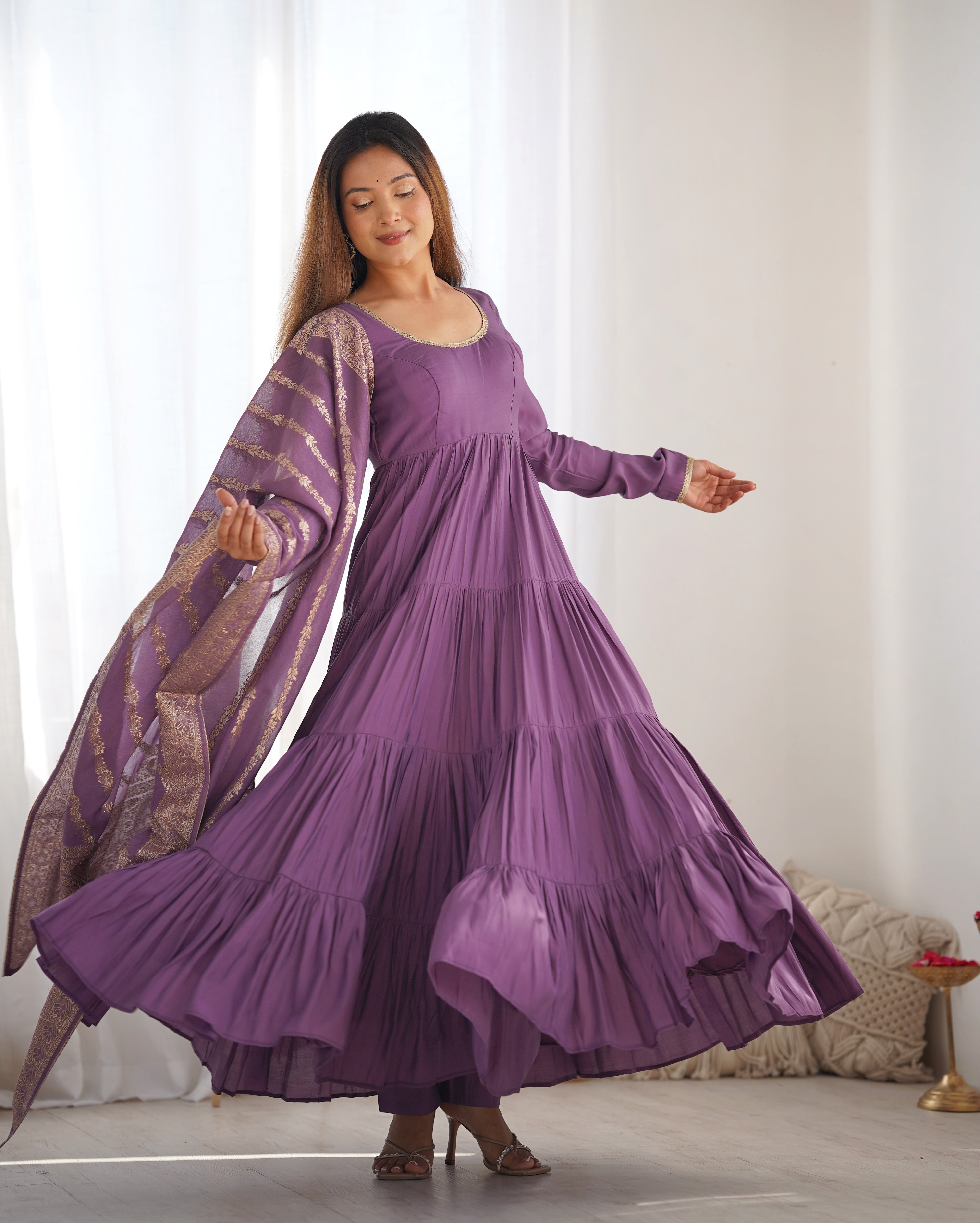 Purple Roman Silk Chanderi Anarkali Gown