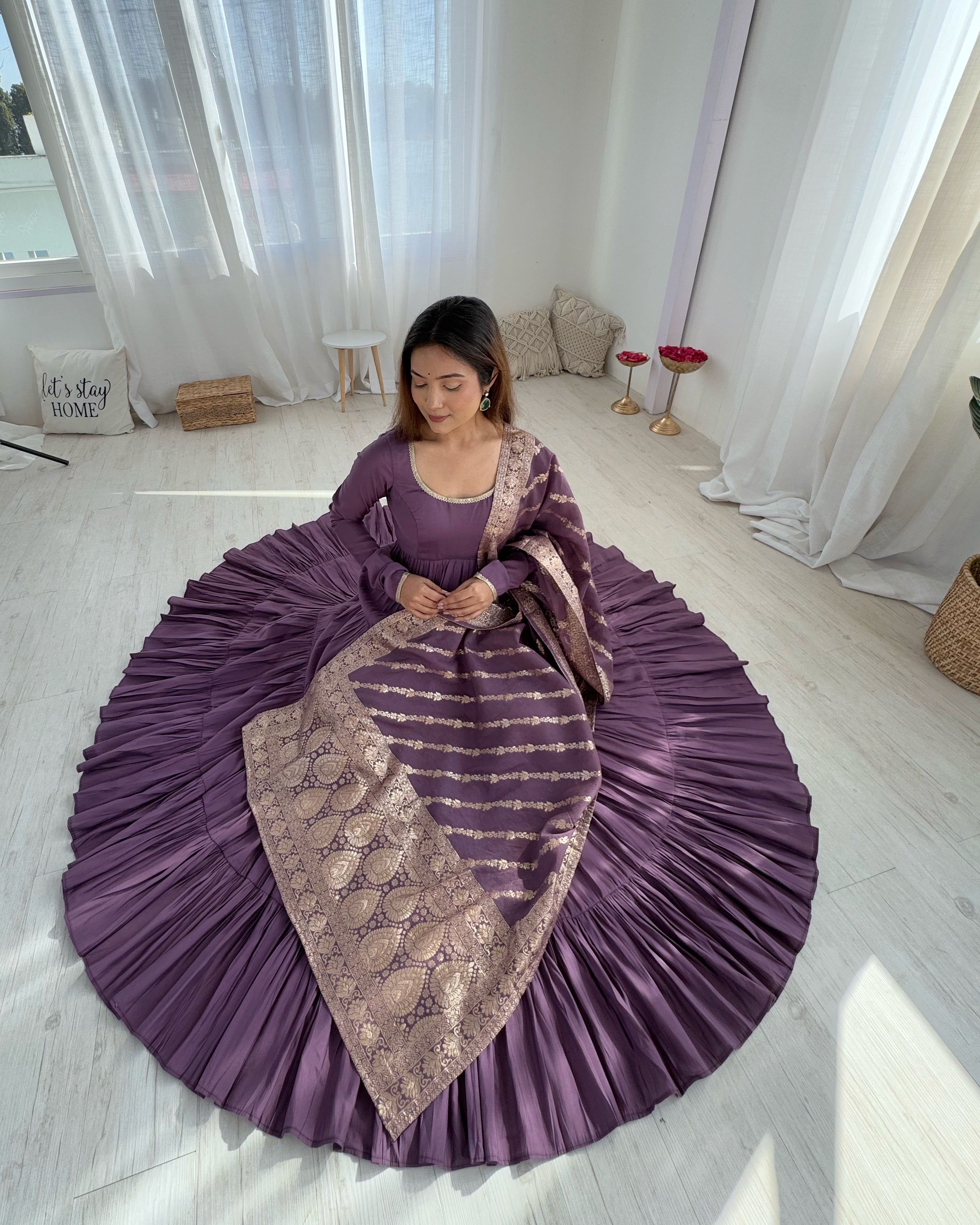 Purple Roman Silk Chanderi Anarkali Gown