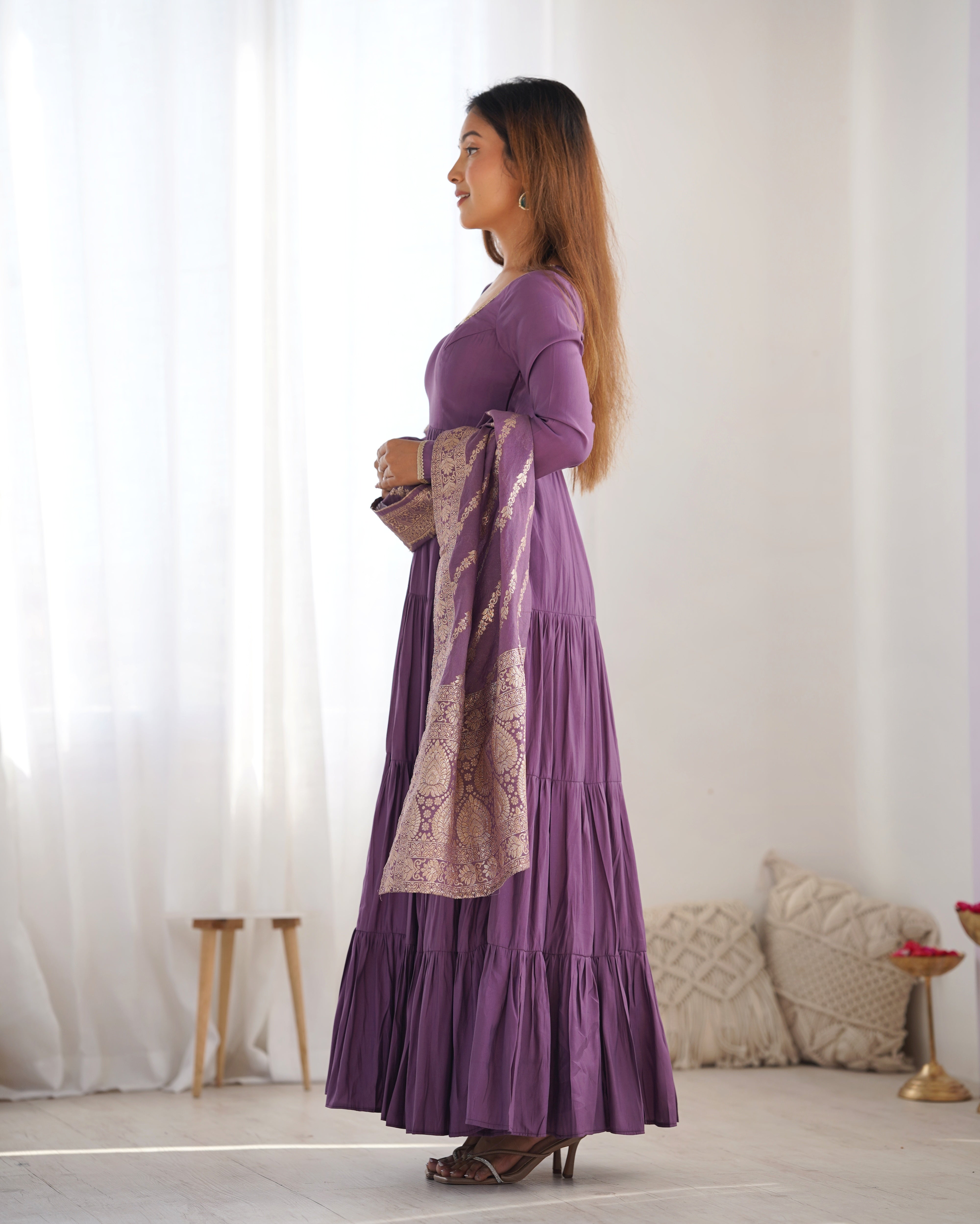 Purple Roman Silk Chanderi Anarkali Gown