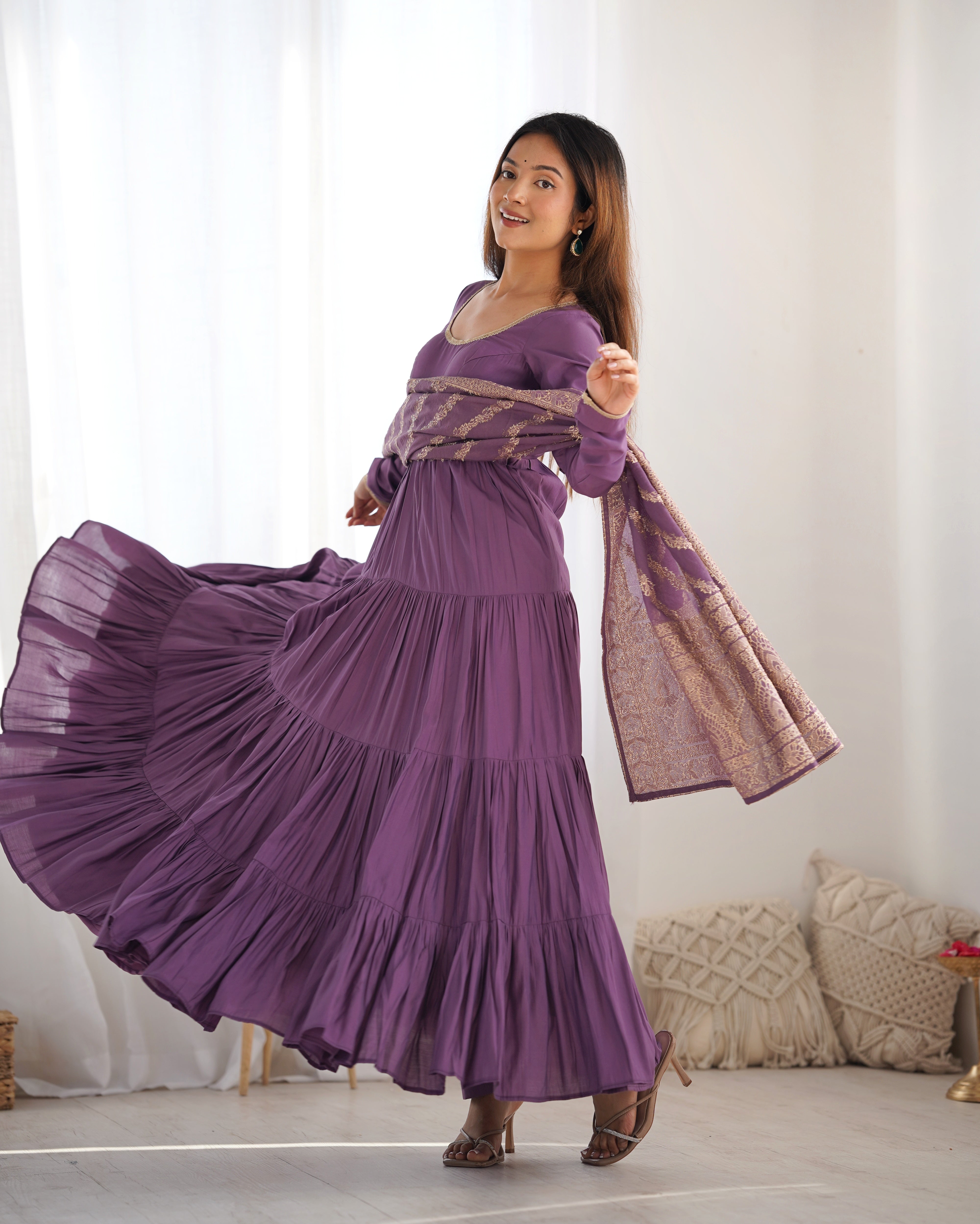 Purple Roman Silk Chanderi Anarkali Gown