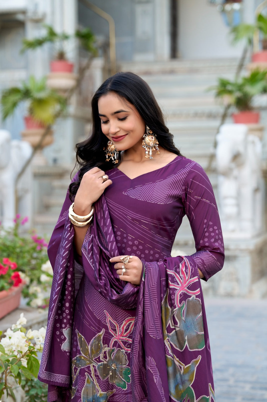 Purple Roman Silk Readymade Ladies Salwar Dress