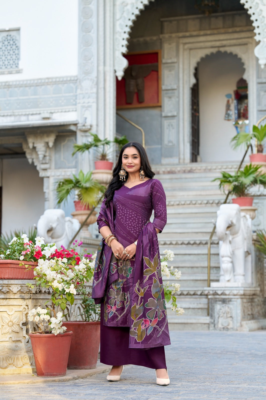 Purple Roman Silk Readymade Ladies Salwar Dress