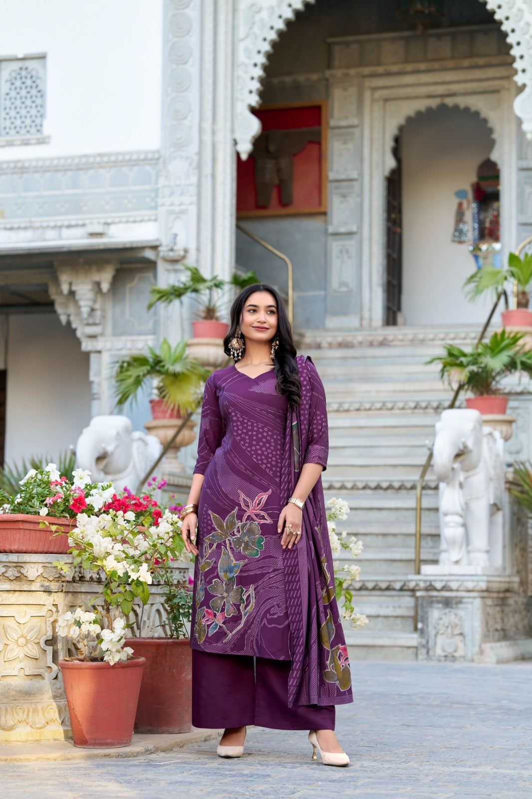 Purple Roman Silk Readymade Ladies Salwar Dress