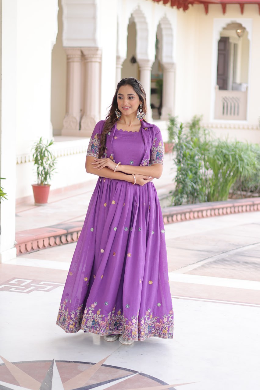 Purple Sangeet & Mehandi Function Outfit for Girls| Gown with Koti | Nardev Fashion