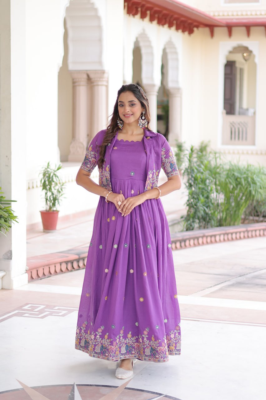 Purple Sangeet & Mehandi Function Outfit for Girls| Gown with Koti | Nardev Fashion