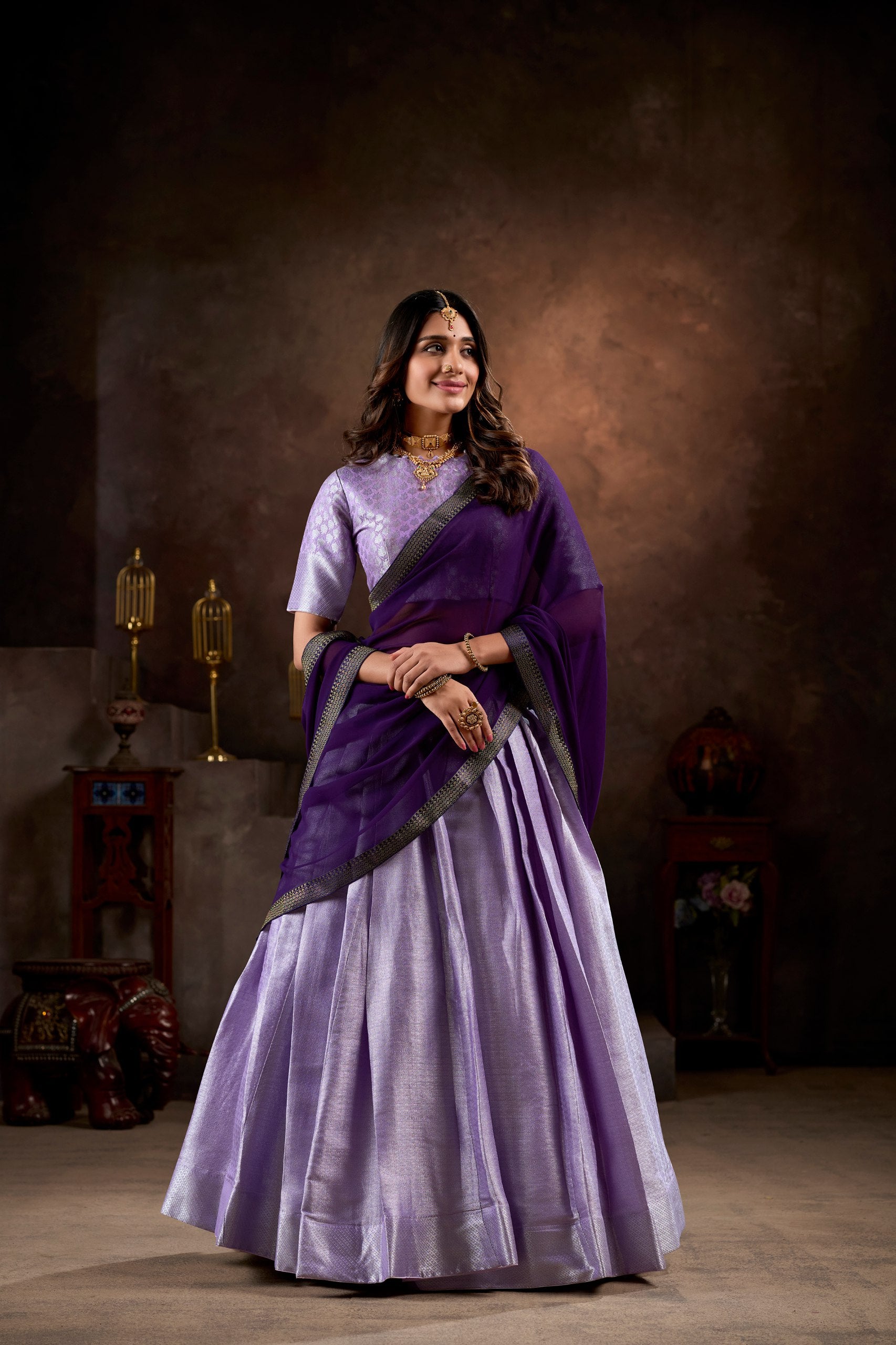 Purple South Style Jacquard Silk Lehenga Choli