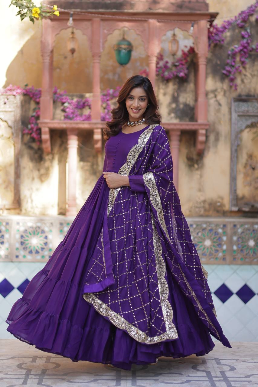 Purple Wedding Wear Star Georgette Gown