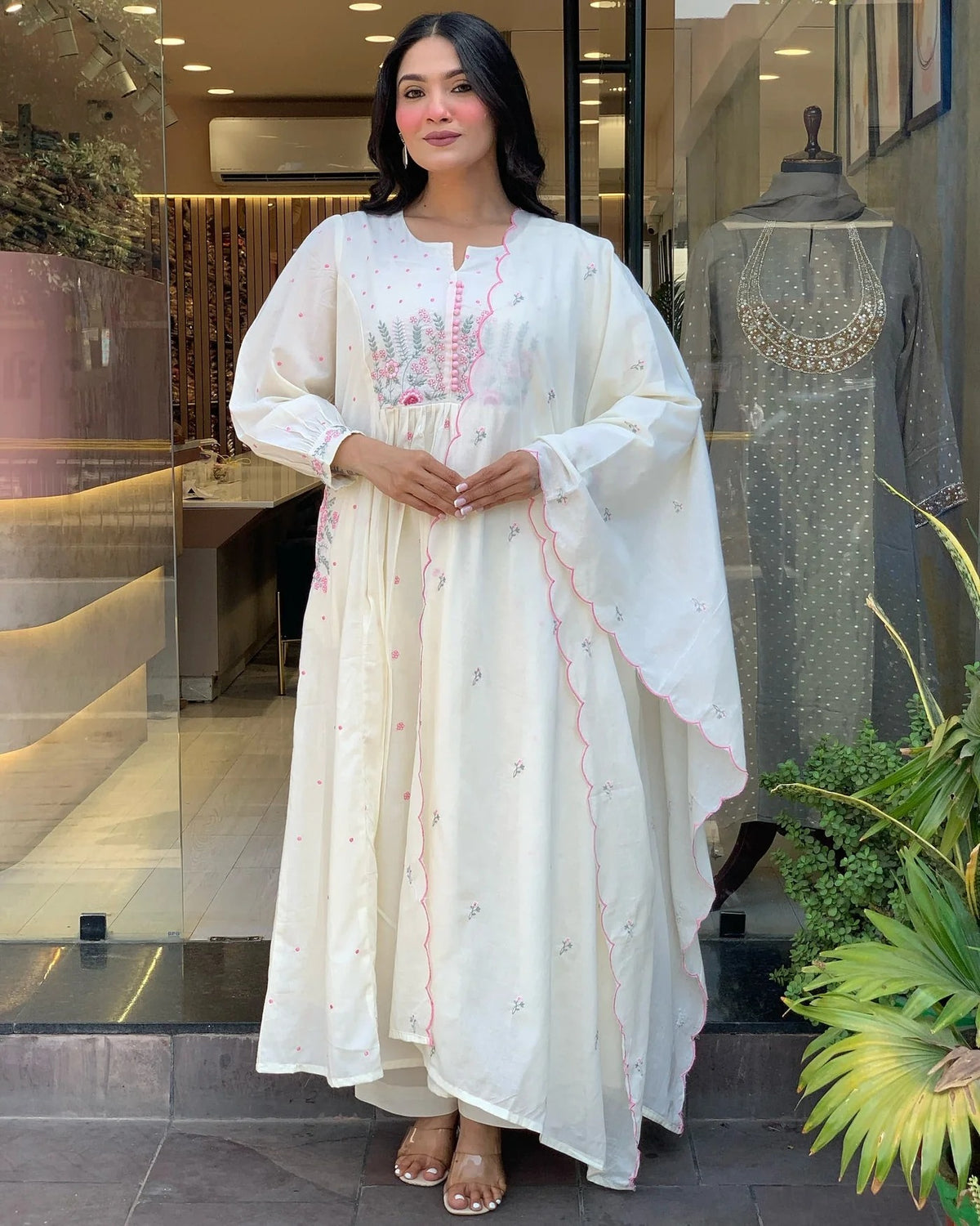 Ivory White Mal Cotton Embroidered Anarkali Suit Set with Dupatta