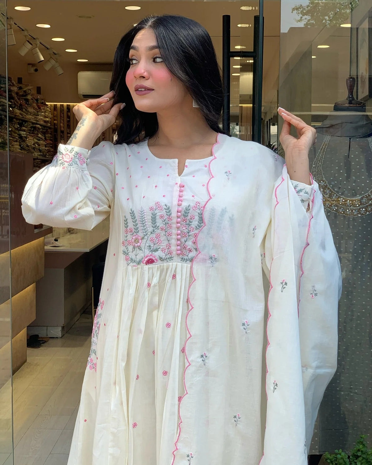 Ivory White Mal Cotton Embroidered Anarkali Suit Set with Dupatta