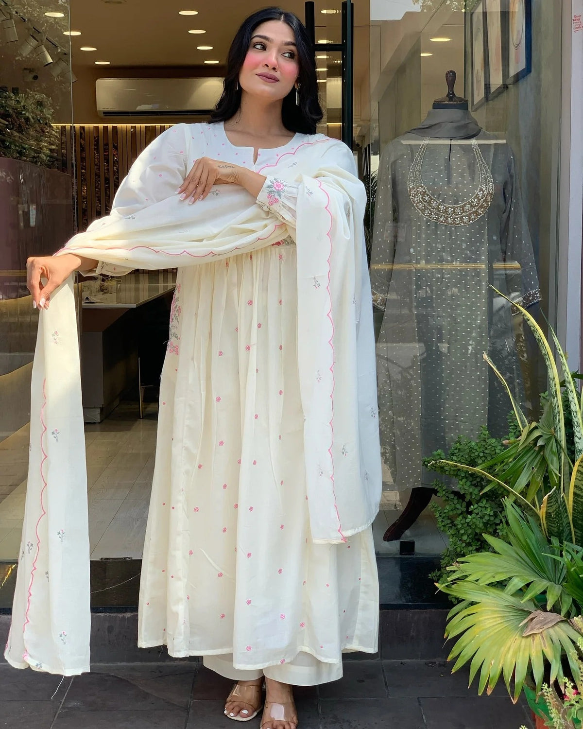 Ivory White Mal Cotton Embroidered Anarkali Suit Set with Dupatta