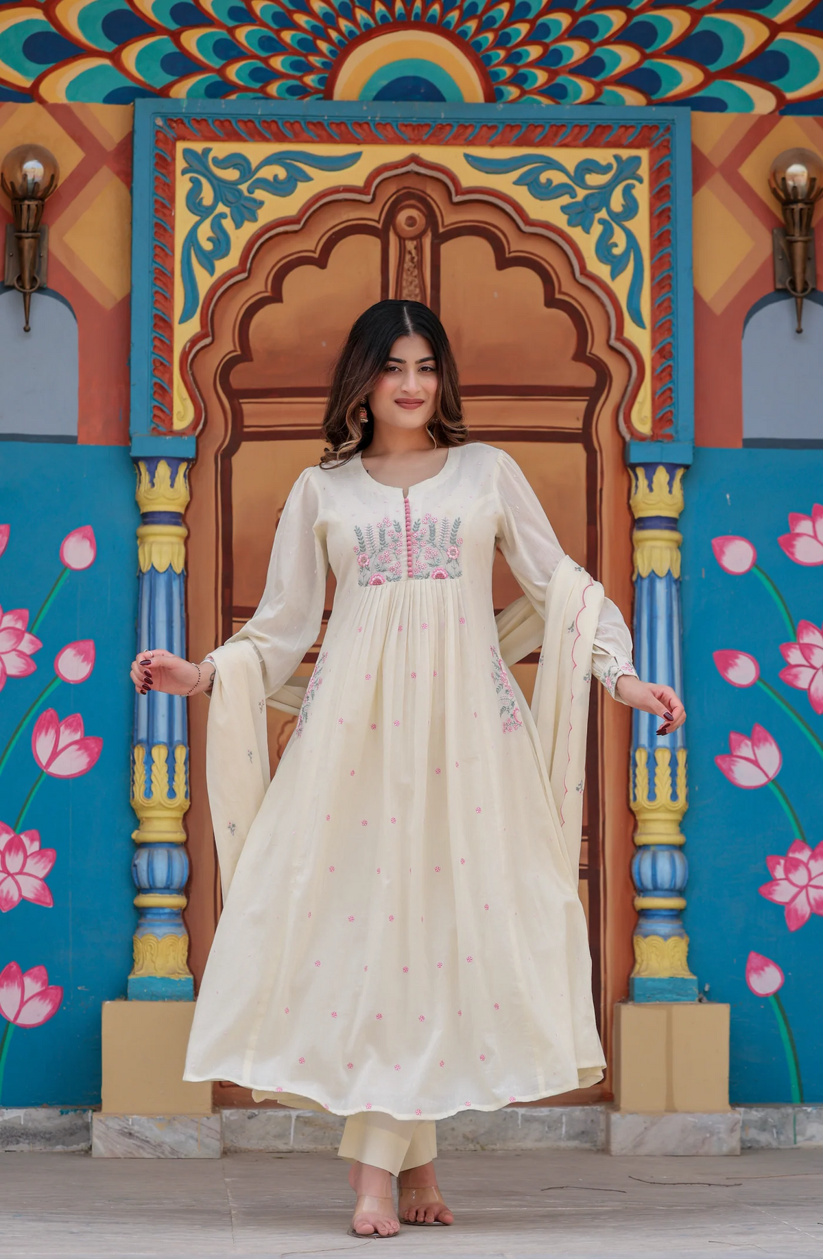 Ivory White Mal Cotton Embroidered Anarkali Suit Set with Dupatta