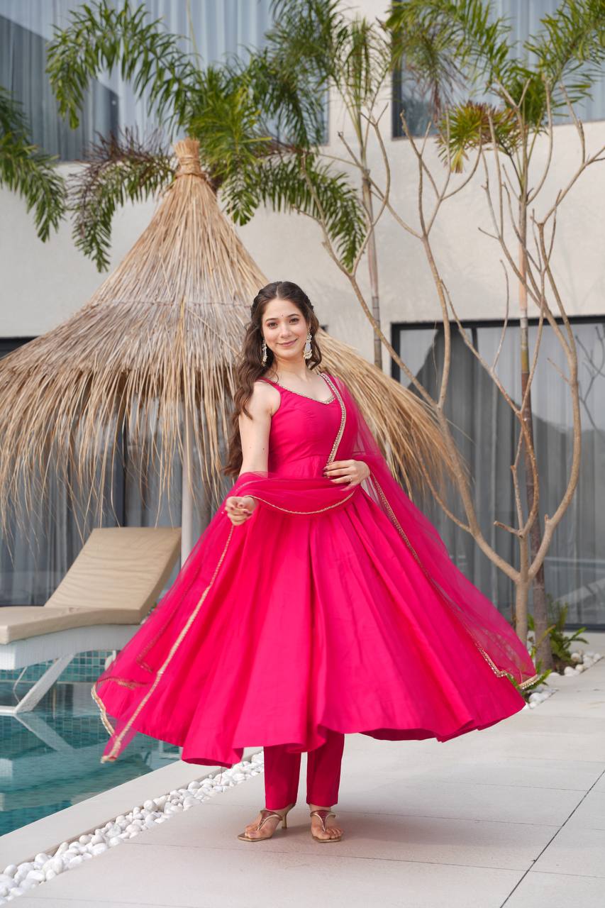 Rani Pink Color Roman Silk Chanderi Anarkali Gown Set - Aarti Chauhan