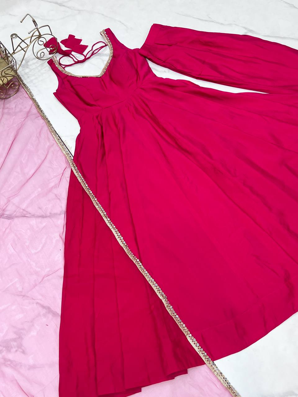 Rani Pink Color Roman Silk Chanderi Anarkali Gown Set - Aarti Chauhan