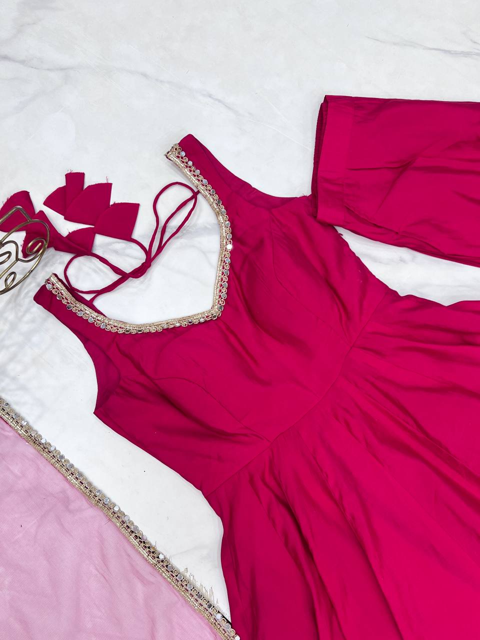 Rani Pink Color Roman Silk Chanderi Anarkali Gown Set - Aarti Chauhan