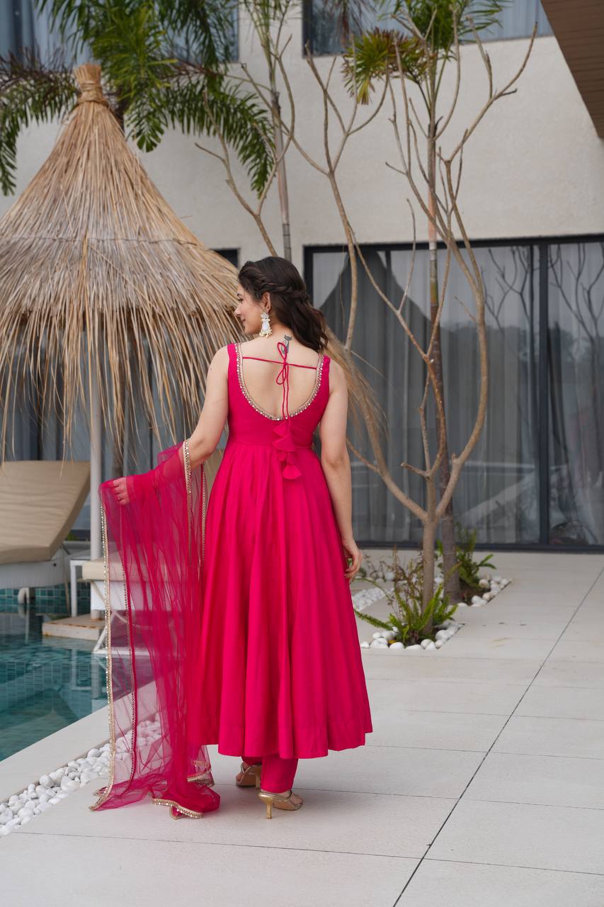 Rani Pink Color Roman Silk Chanderi Anarkali Gown Set - Aarti Chauhan