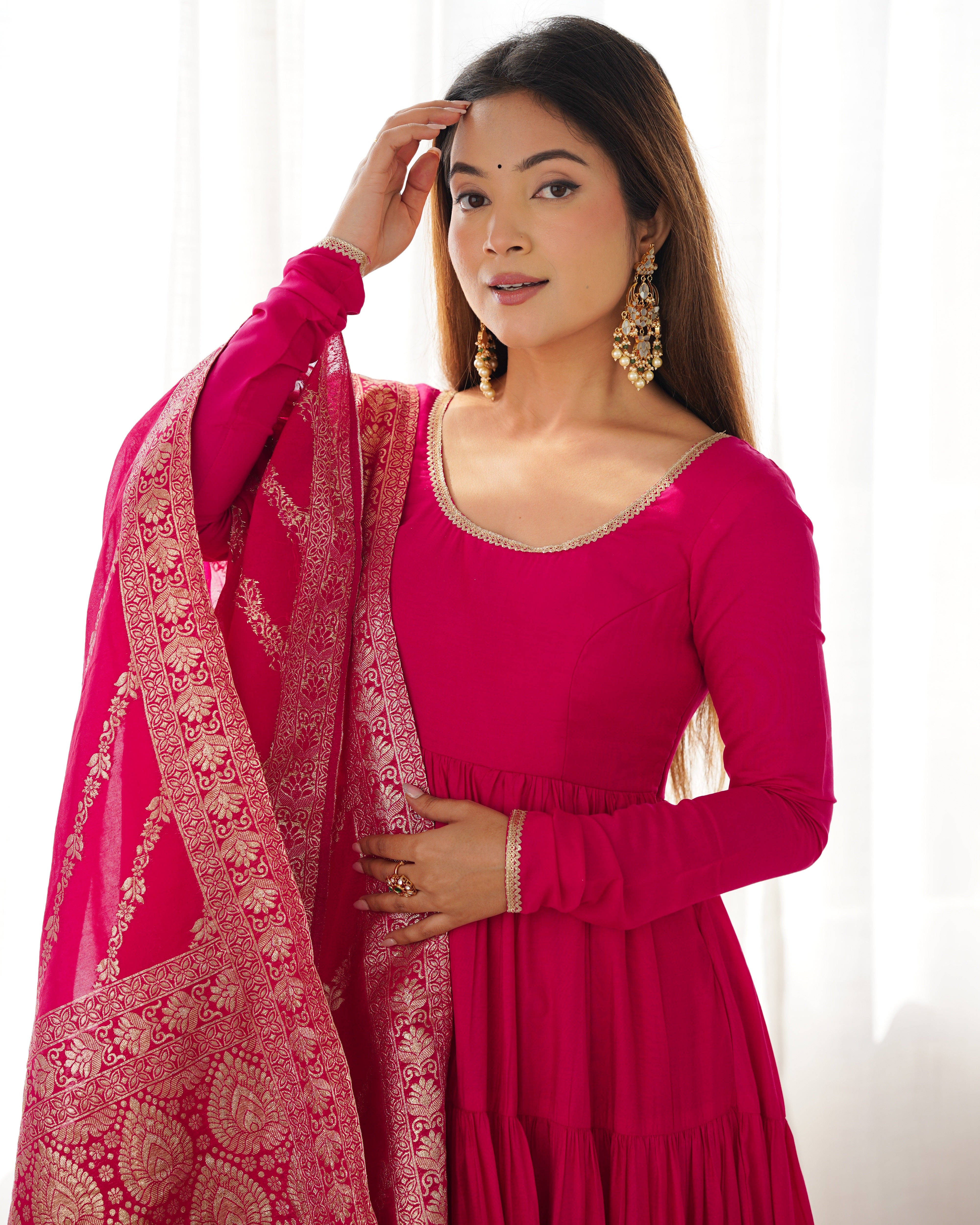 Rani Pink Roman Silk Chanderi Anarkali Gown