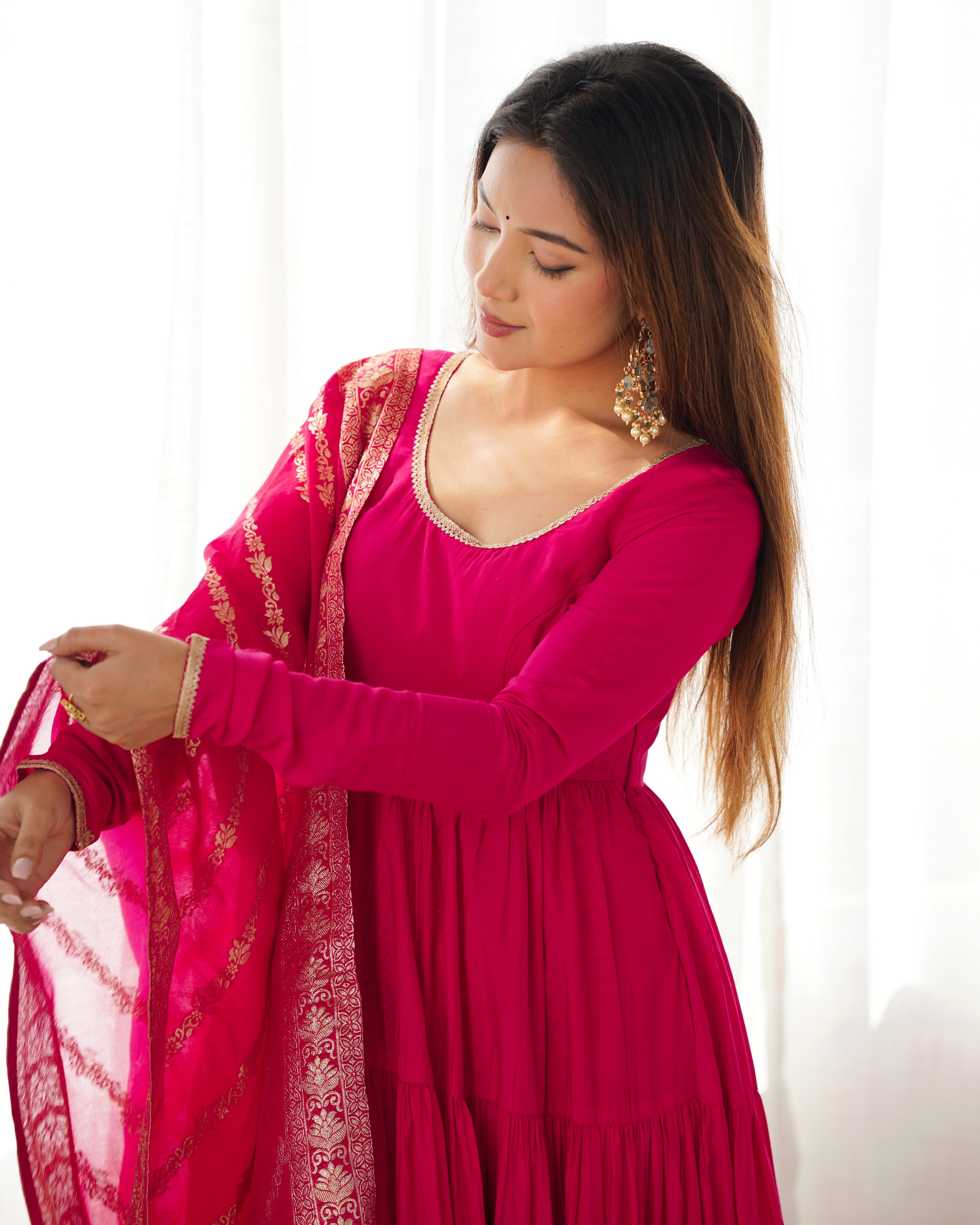 Rani Pink Roman Silk Chanderi Anarkali Gown