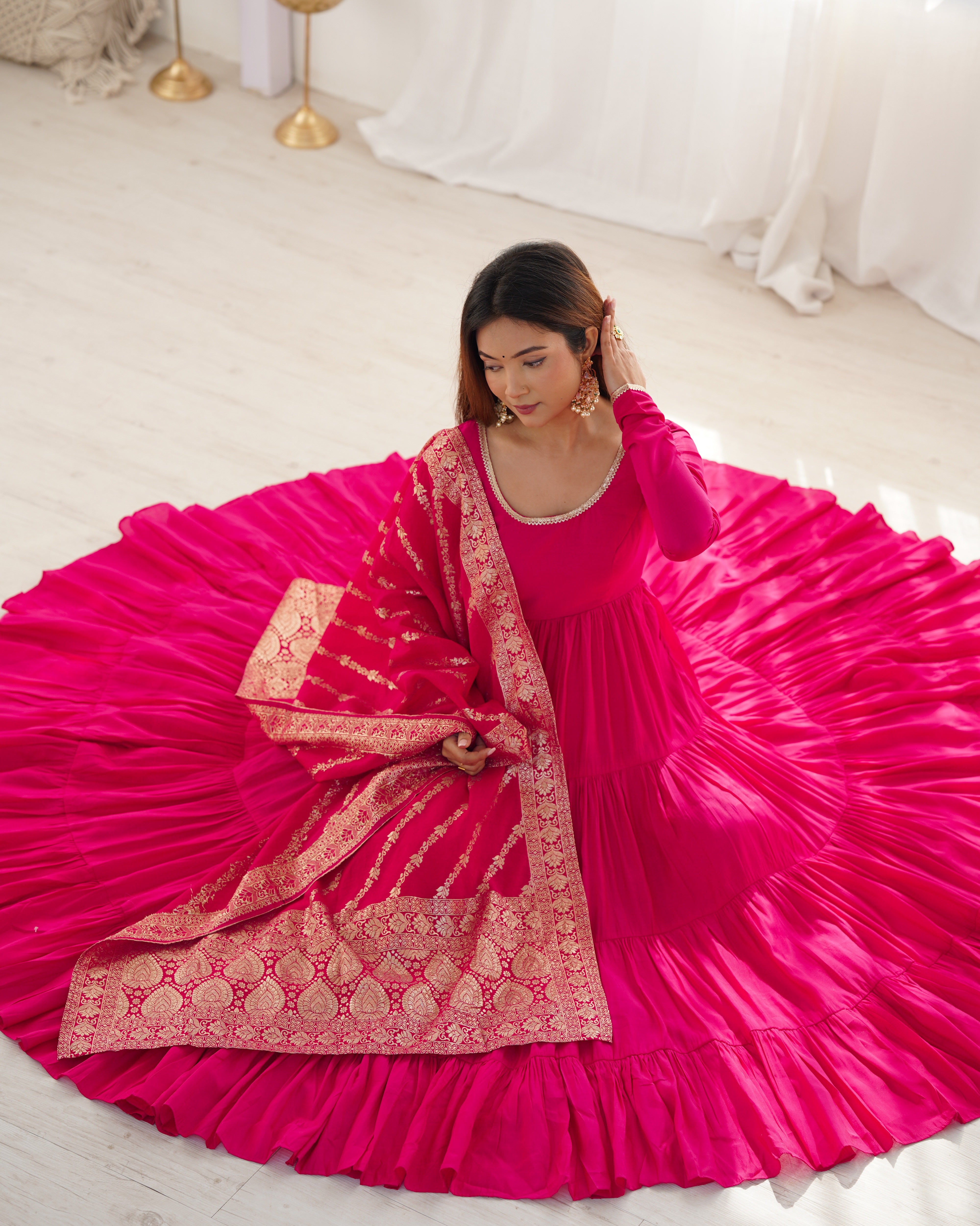 Rani Pink Roman Silk Chanderi Anarkali Gown