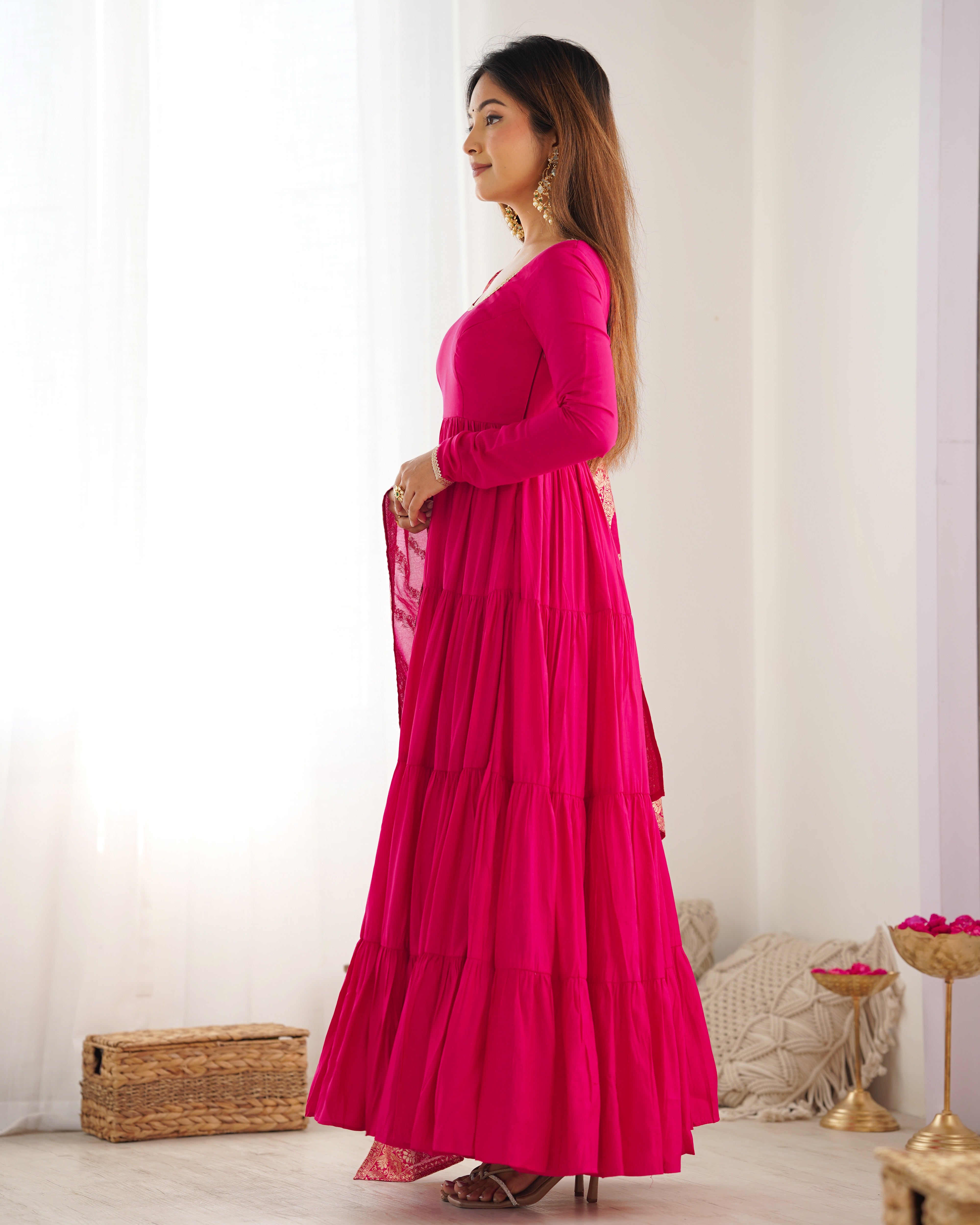 Rani Pink Roman Silk Chanderi Anarkali Gown