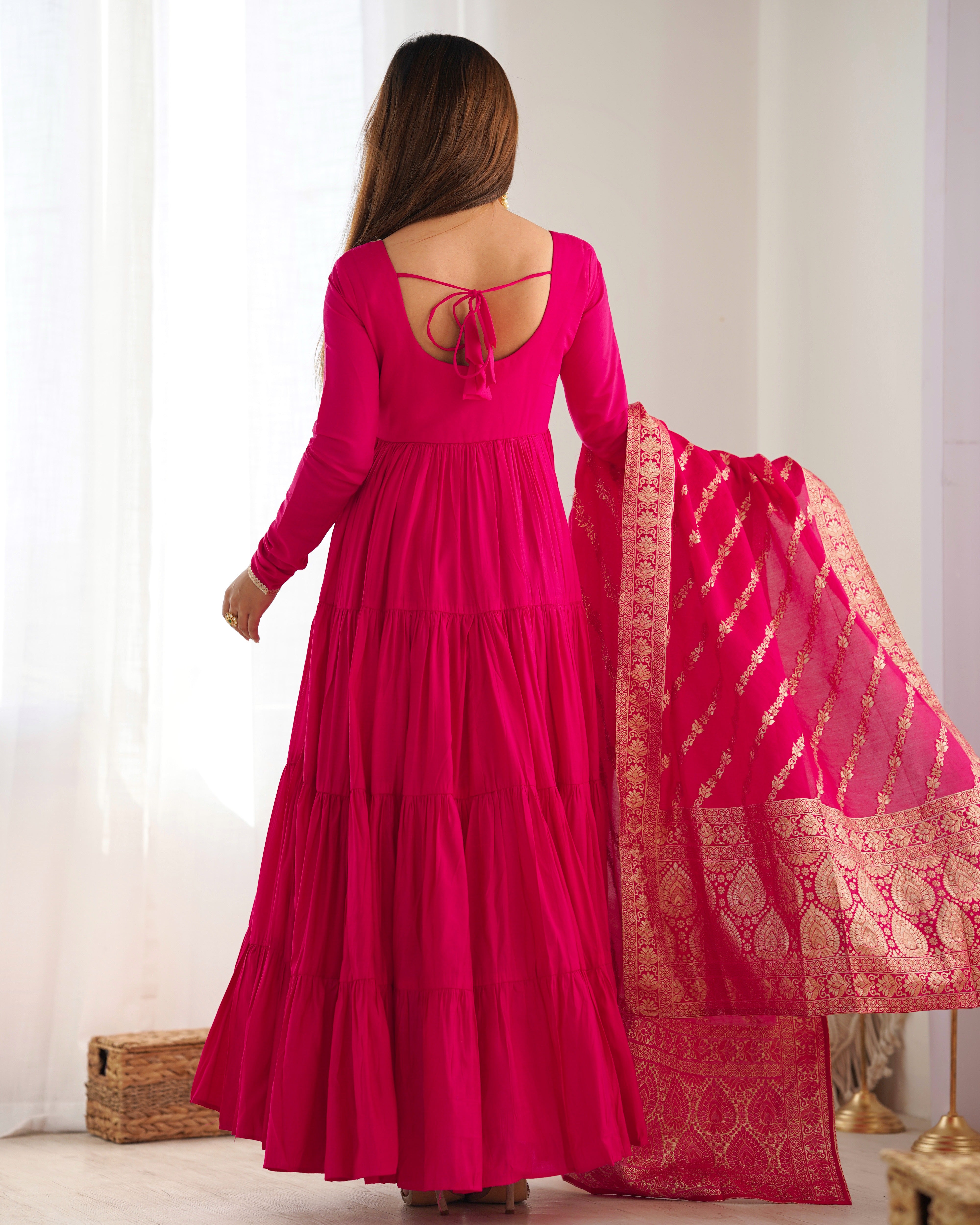 Rani Pink Roman Silk Chanderi Anarkali Gown