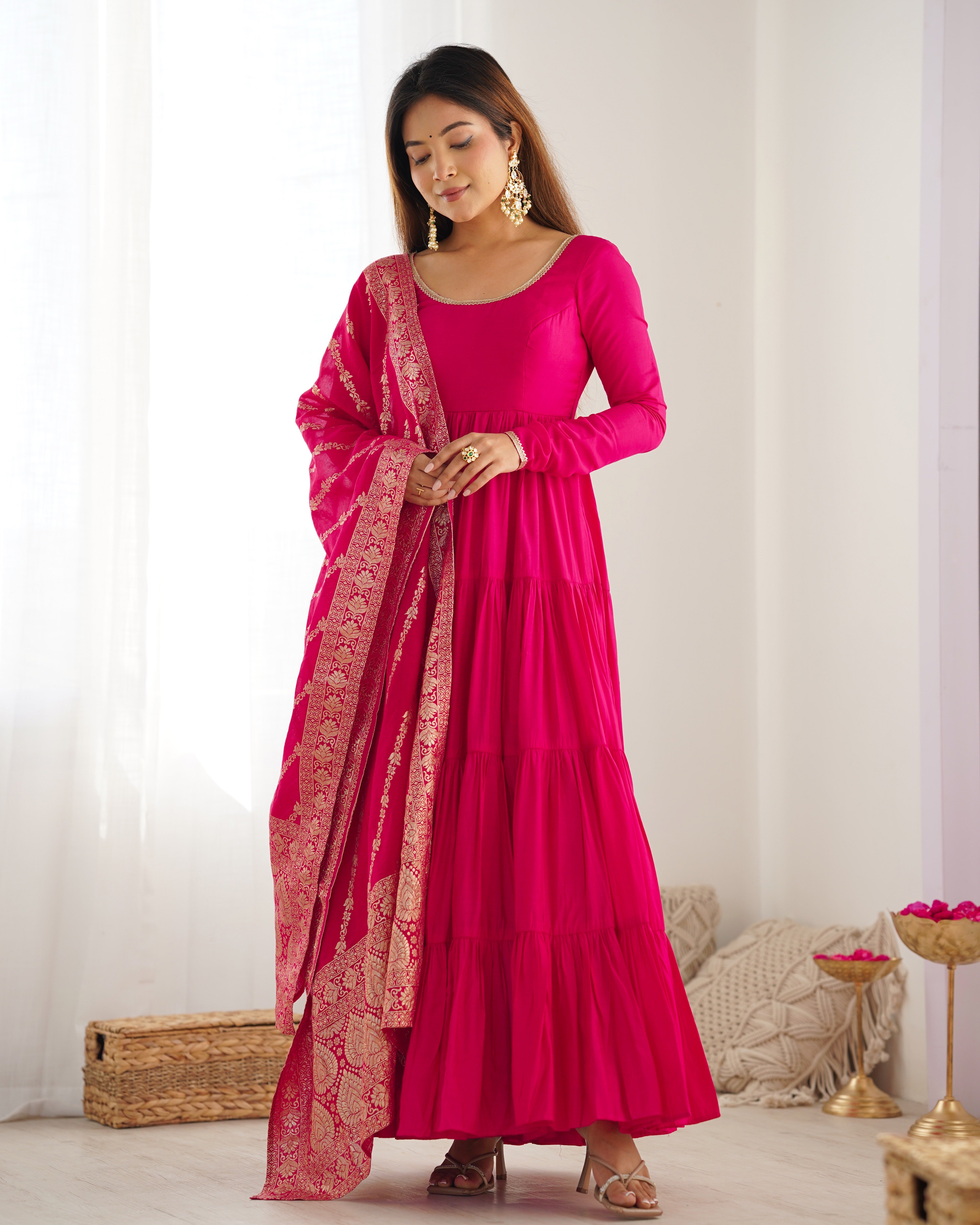 Rani Pink Roman Silk Chanderi Anarkali Gown