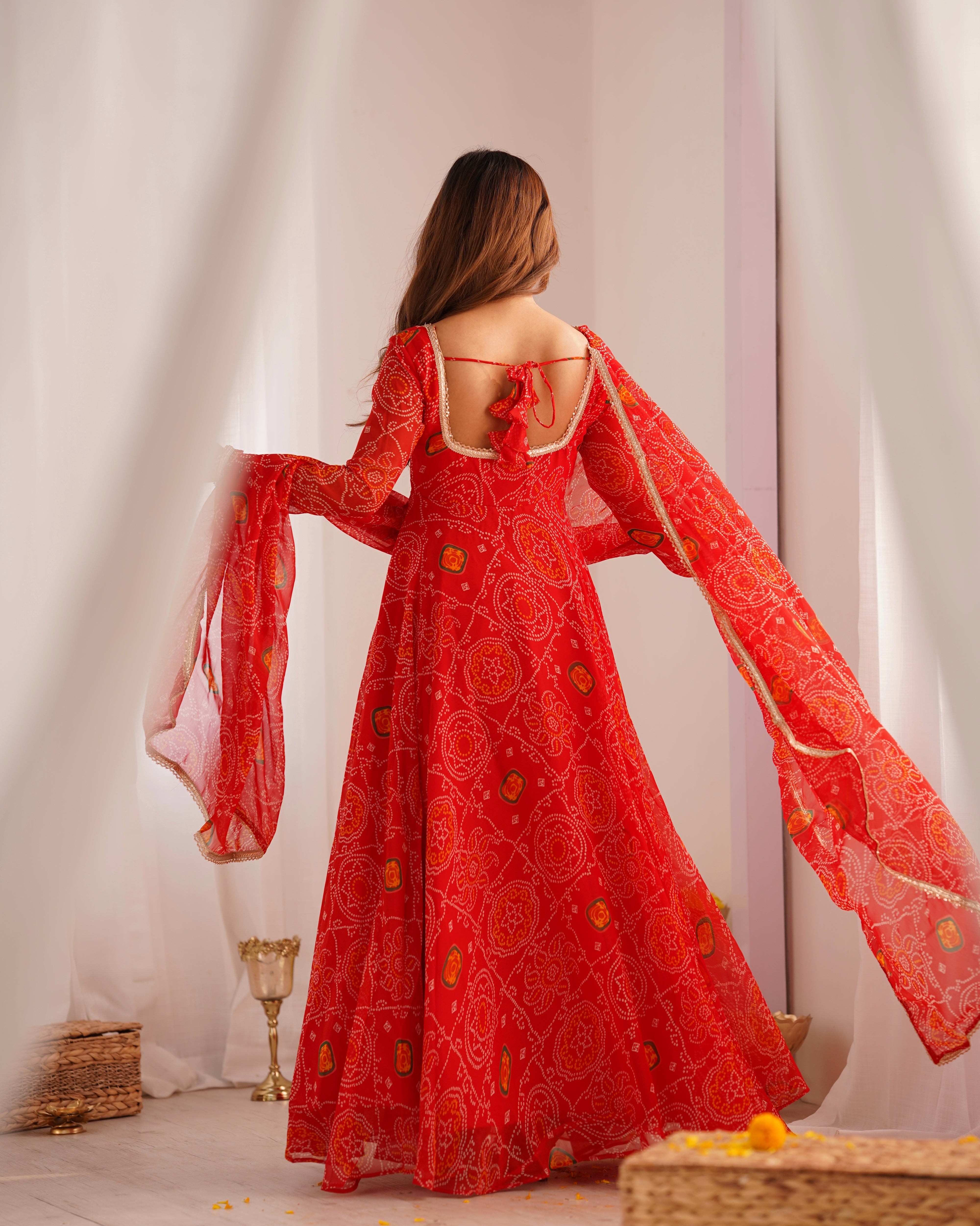 Red Color Bandhej Chiffon Floral Anarkali | Nardev Fashion