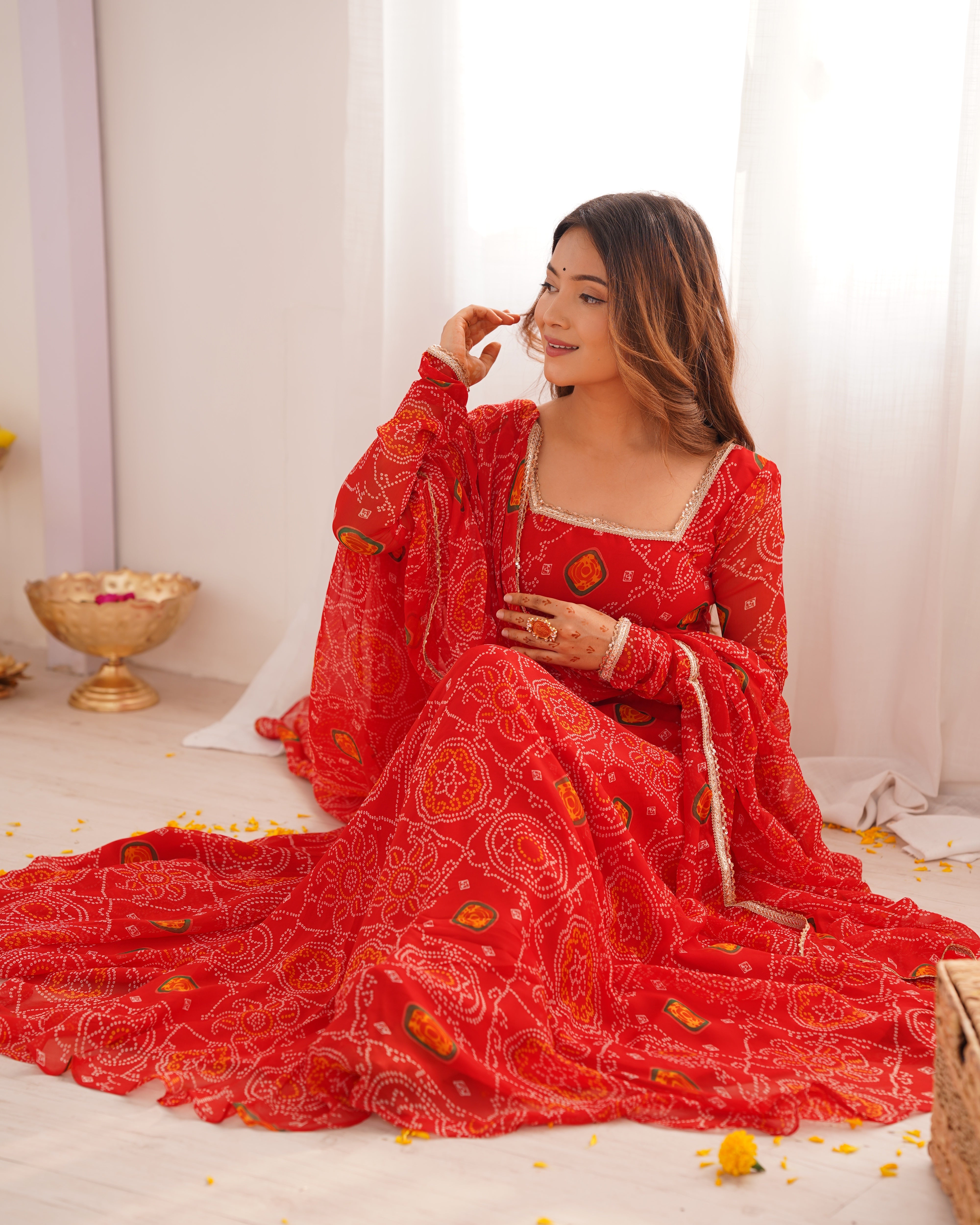Red Color Bandhej Chiffon Floral Anarkali | Nardev Fashion
