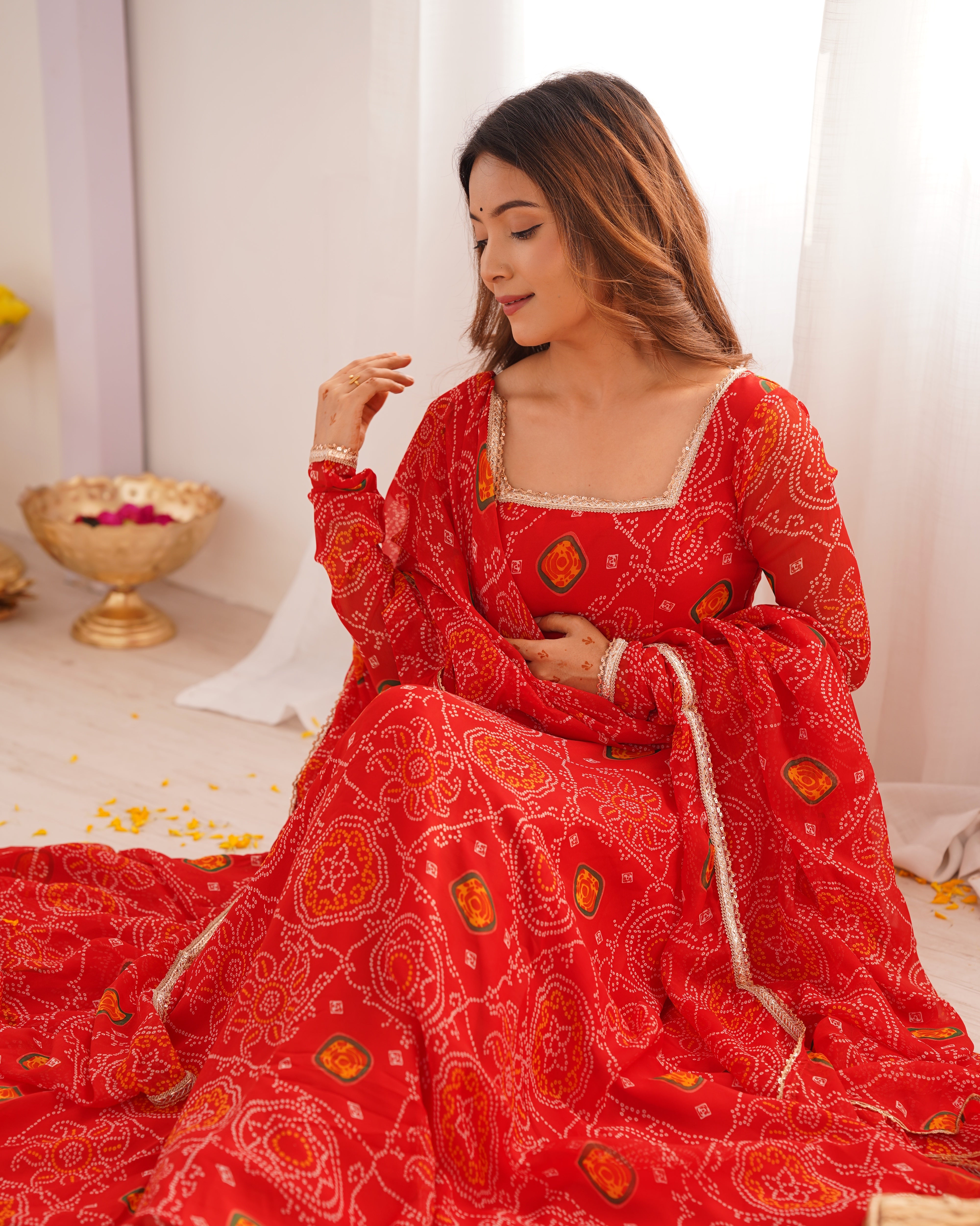 Red Color Bandhej Chiffon Floral Anarkali | Nardev Fashion