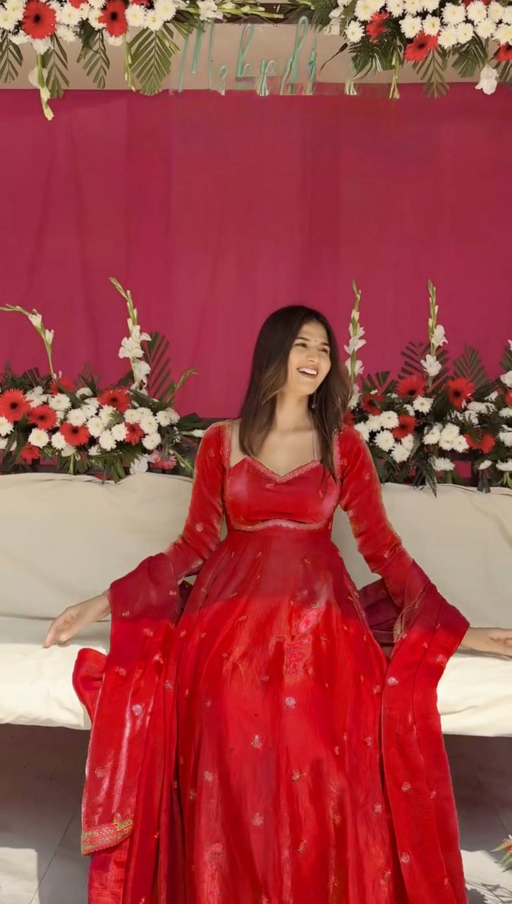 Red Color Fendy Silk Anarkali Suit | Nardev Fashion