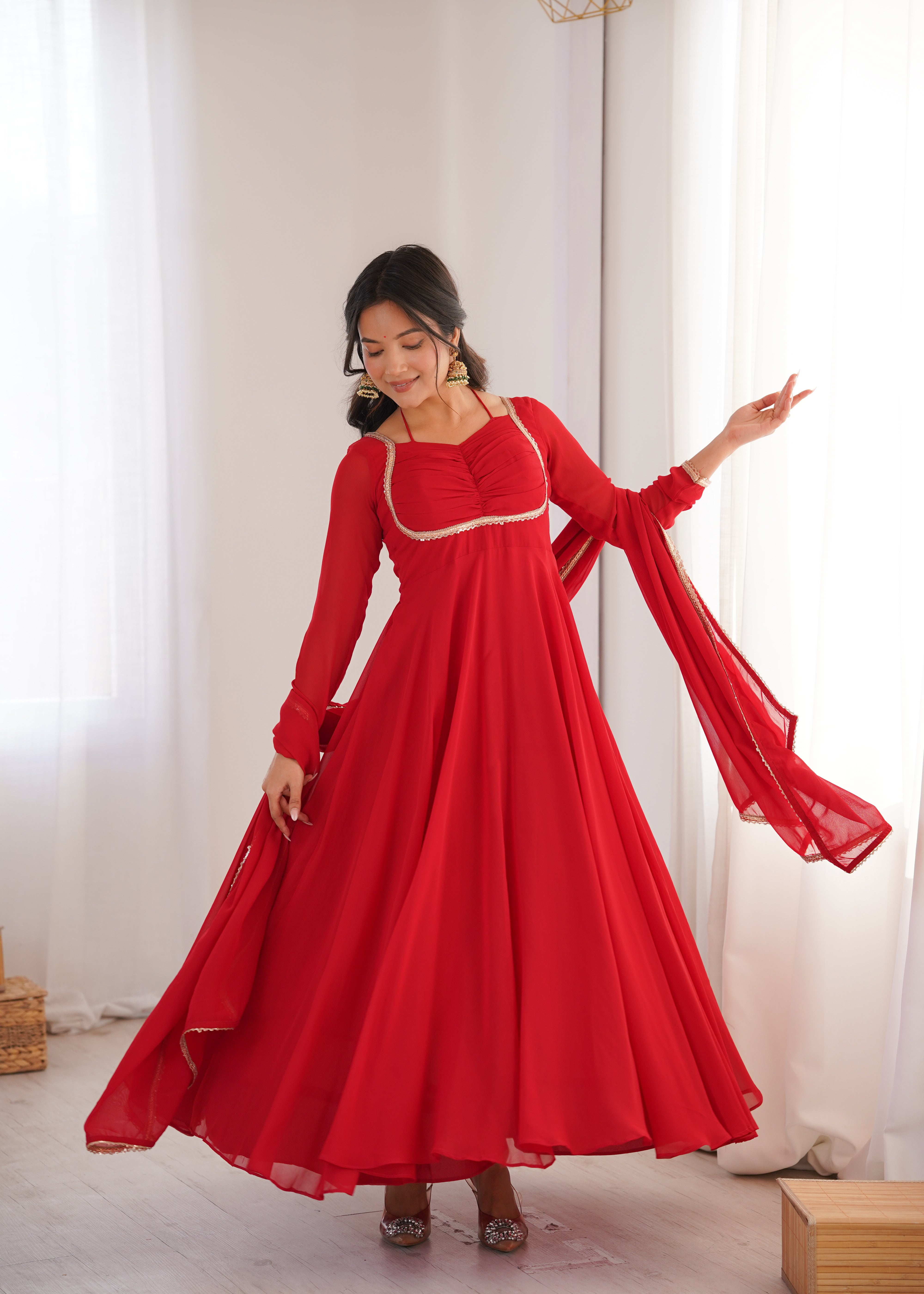 Red Designer Anarkali with Dupatta | Festival & Wedding Wear – Nardev Fashion