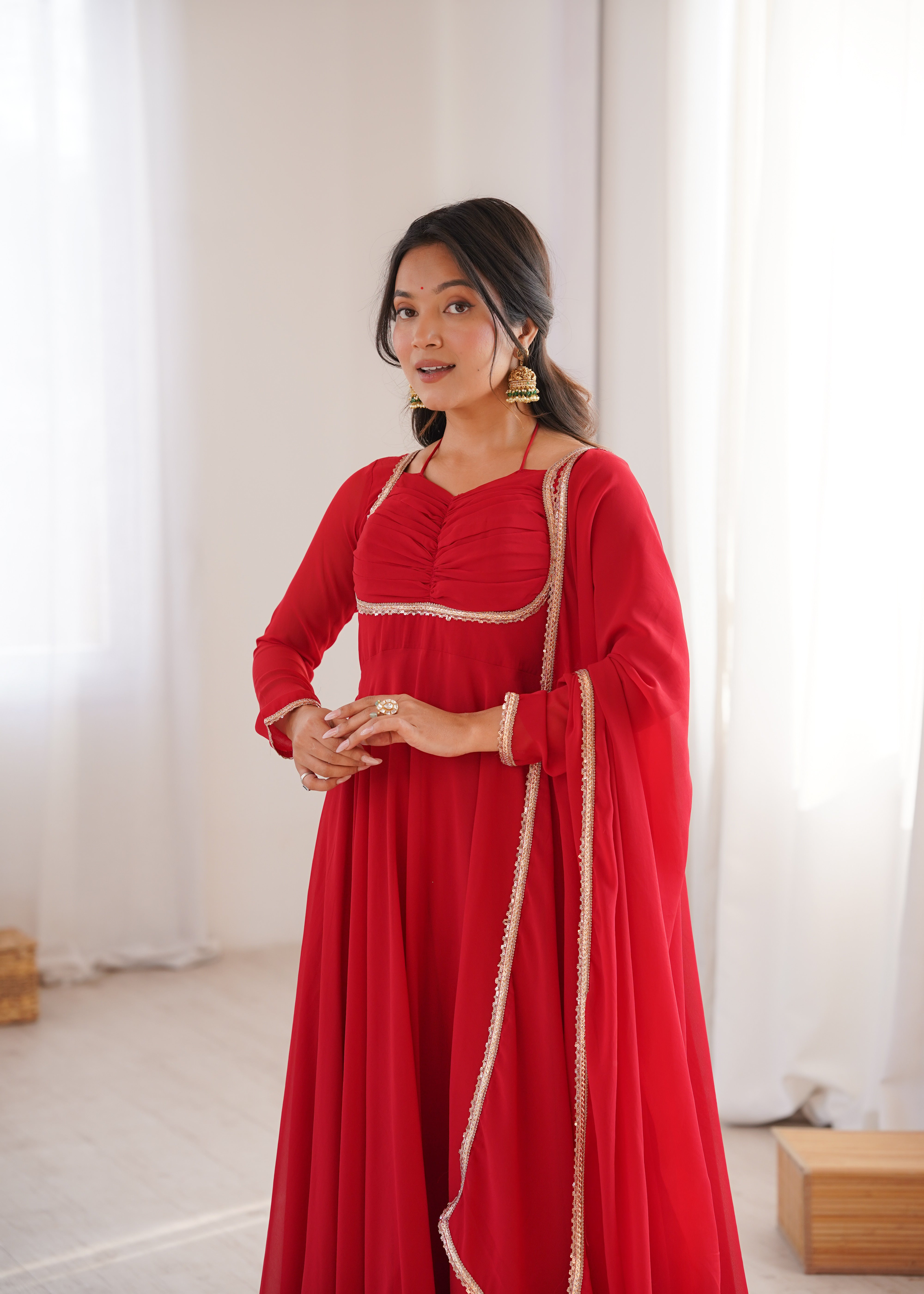 Red Designer Anarkali with Dupatta | Festival & Wedding Wear – Nardev Fashion