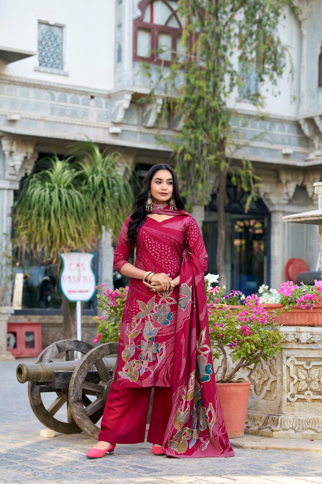 Red Roman Silk Readymade Ladies Salwar Dress