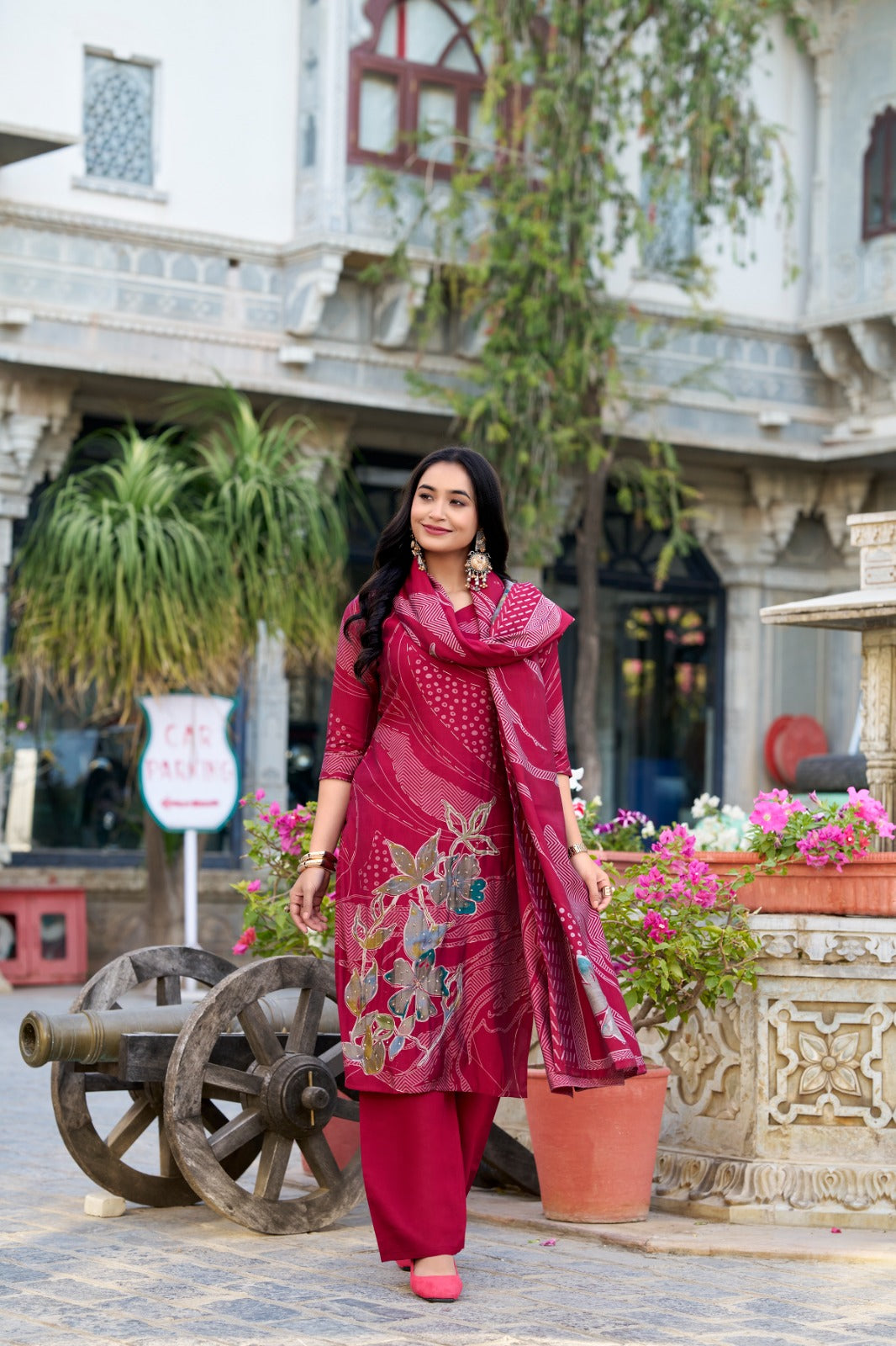 Red Roman Silk Readymade Ladies Salwar Dress