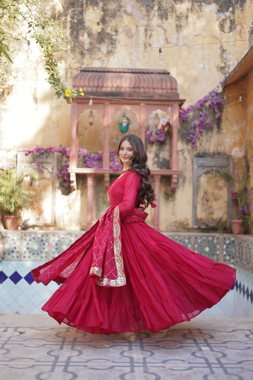 Red Wedding Wear Star Georgette Gown