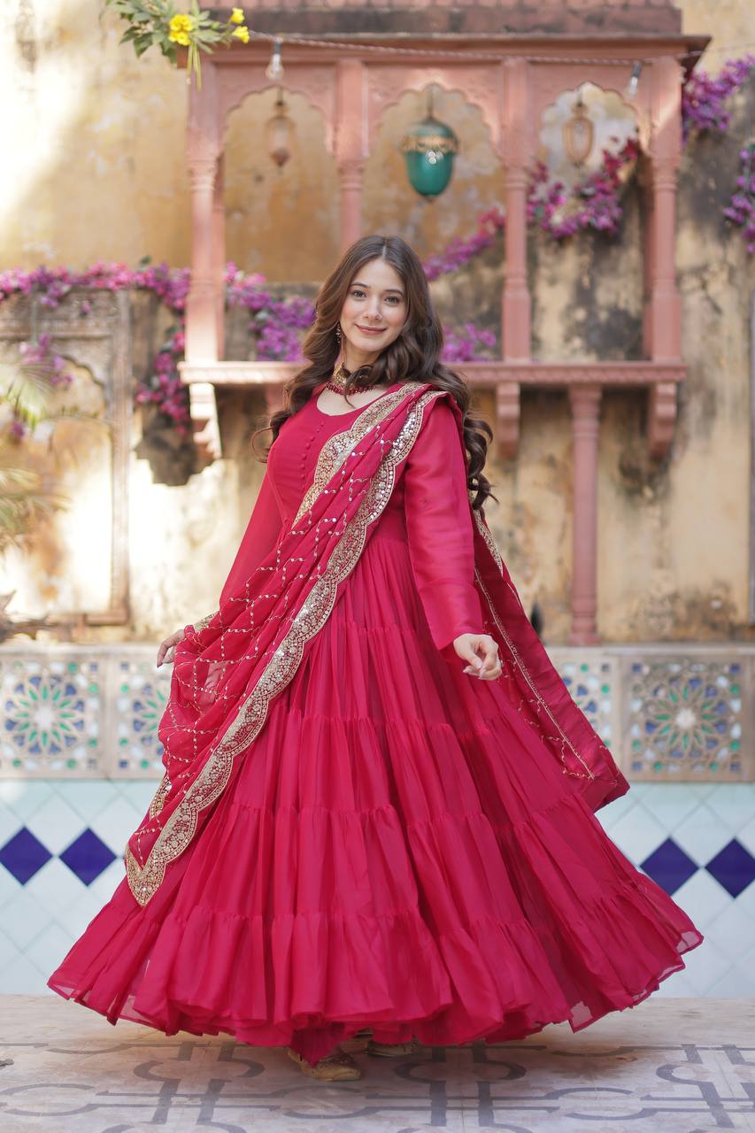 Red Wedding Wear Star Georgette Gown