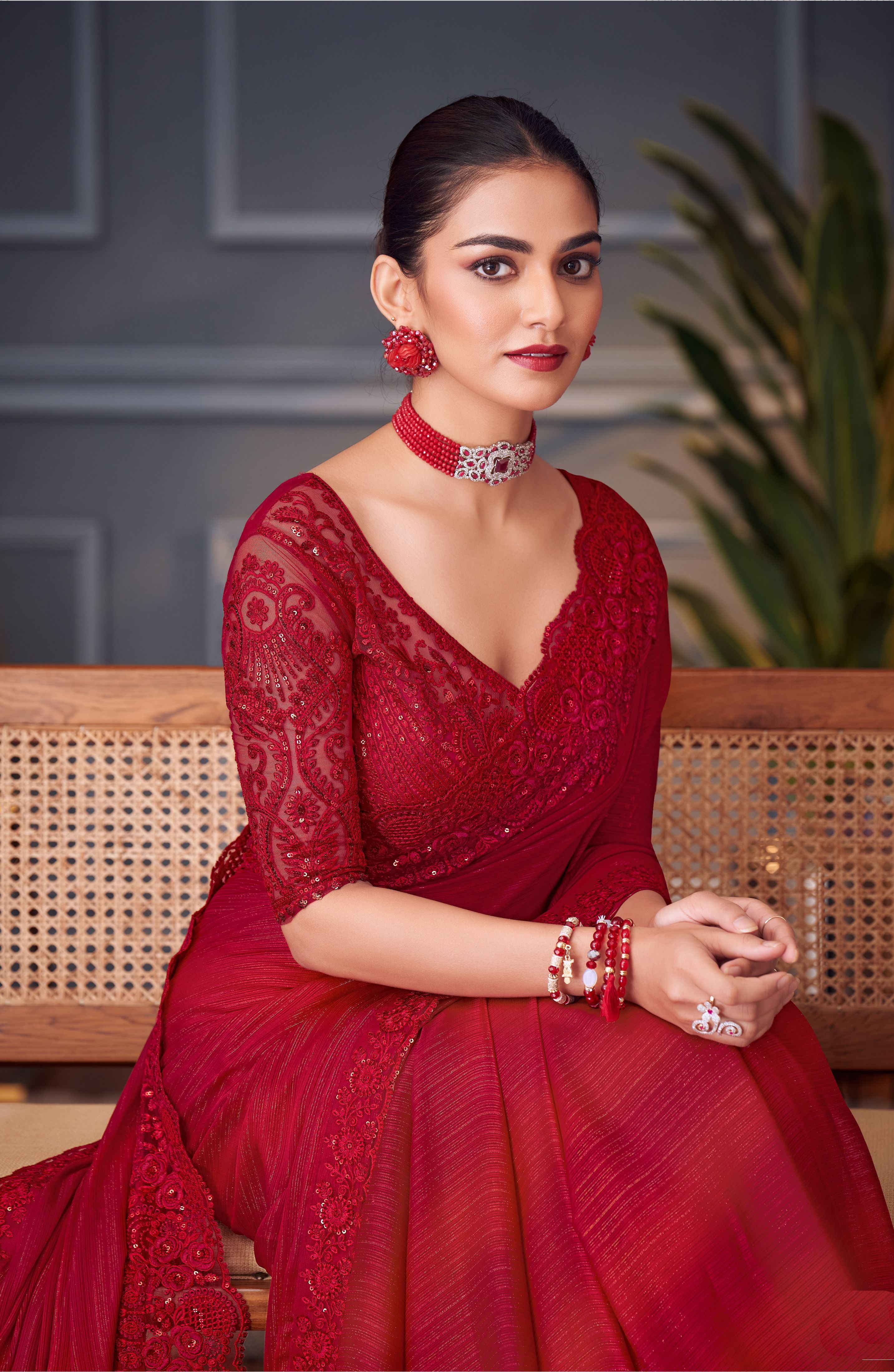 Red glitter silk sequins saree with Blouse