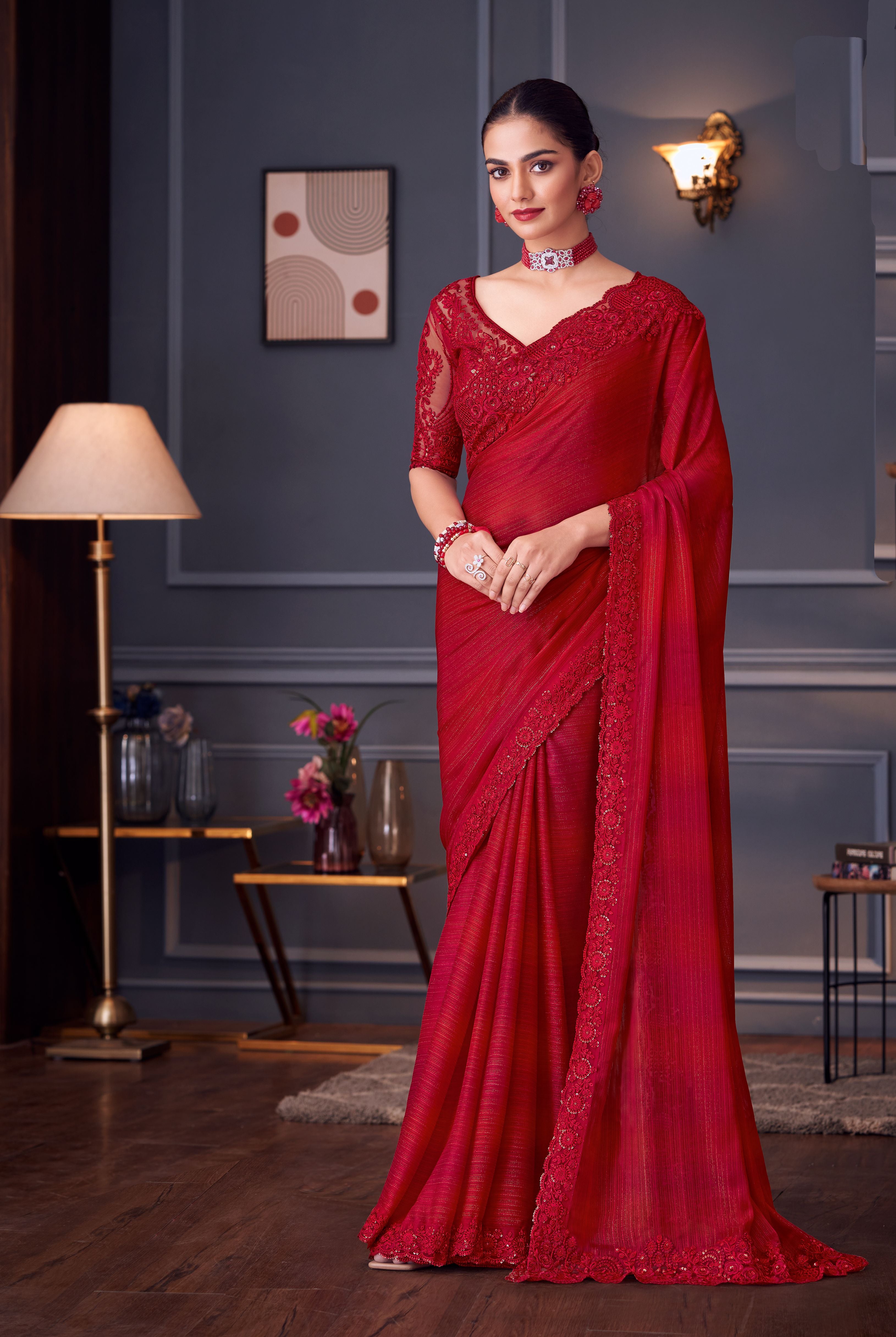 Red glitter silk sequins saree with Blouse