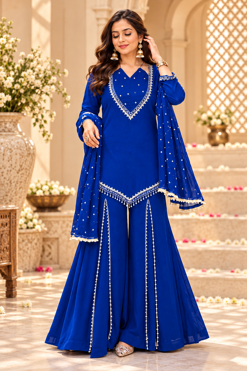 Royal Blue Roman Glass Mirror Work Plazzo Suit Set with Chanderi Silk Dupatta